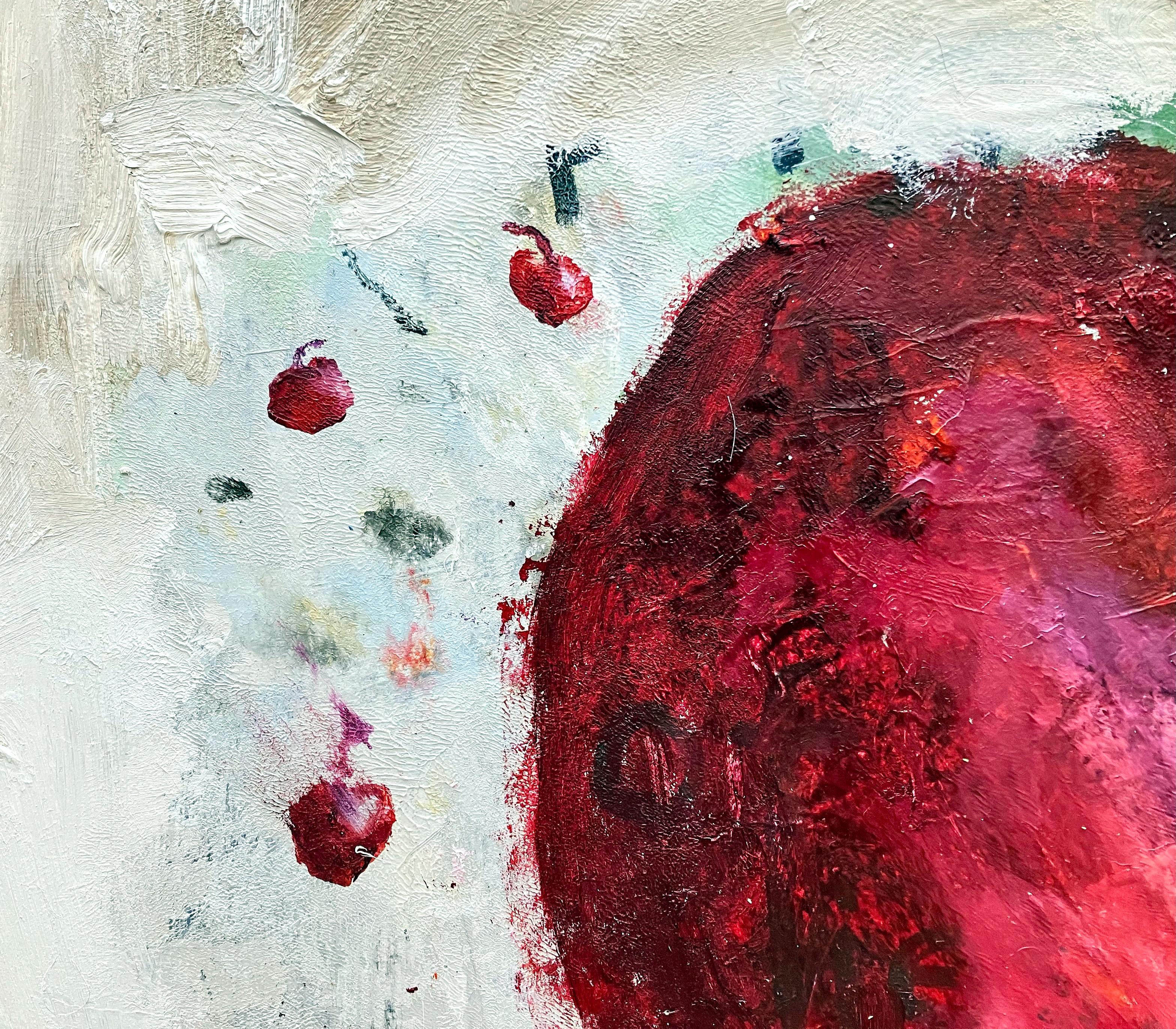 Cherries II, bold bright abstracted still life w texture, whites, reds, food - Contemporain Painting par C. Dimitri