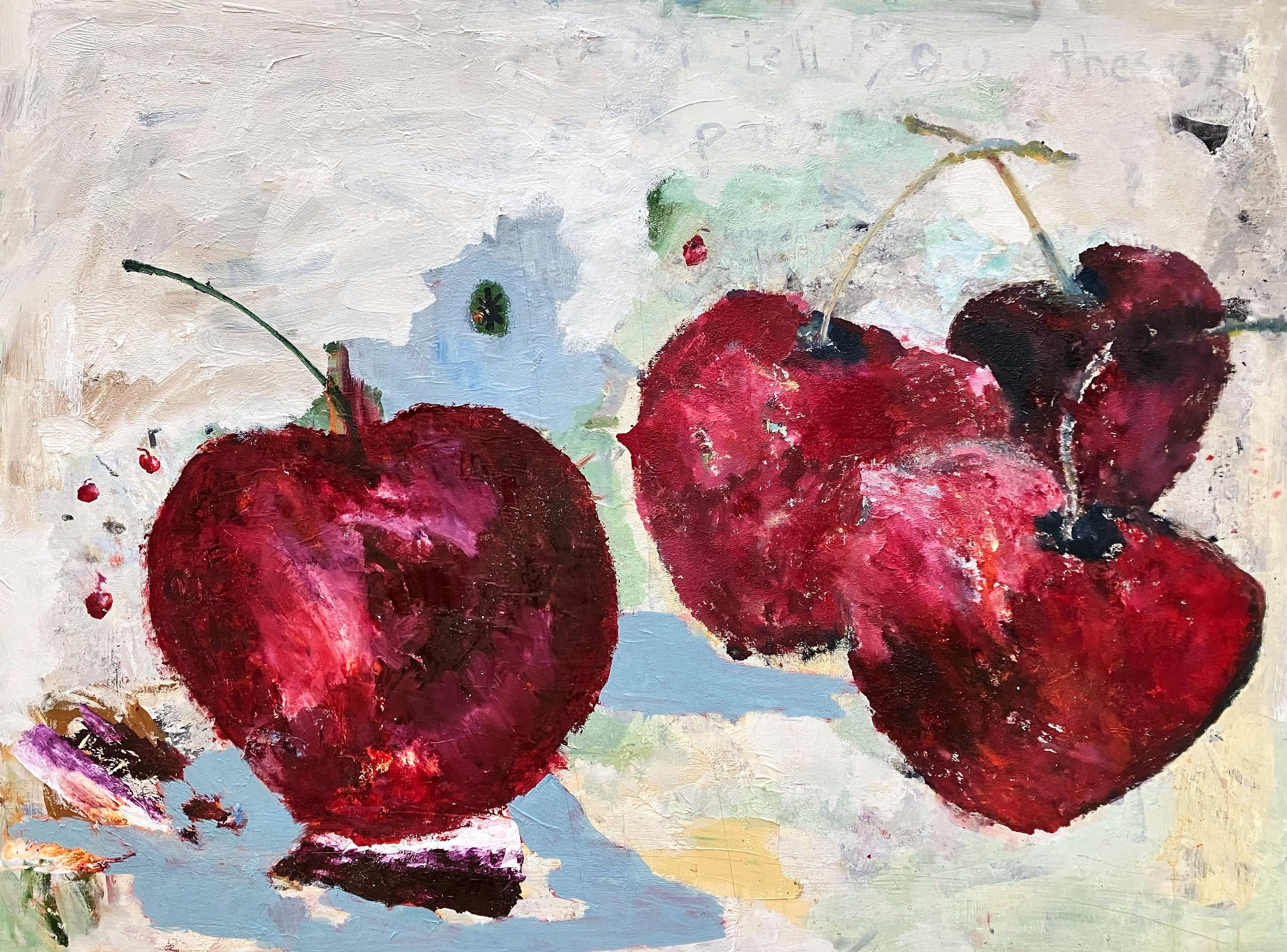 Abstract Painting C. Dimitri - Cherries II, bold bright abstracted still life w texture, whites, reds, food