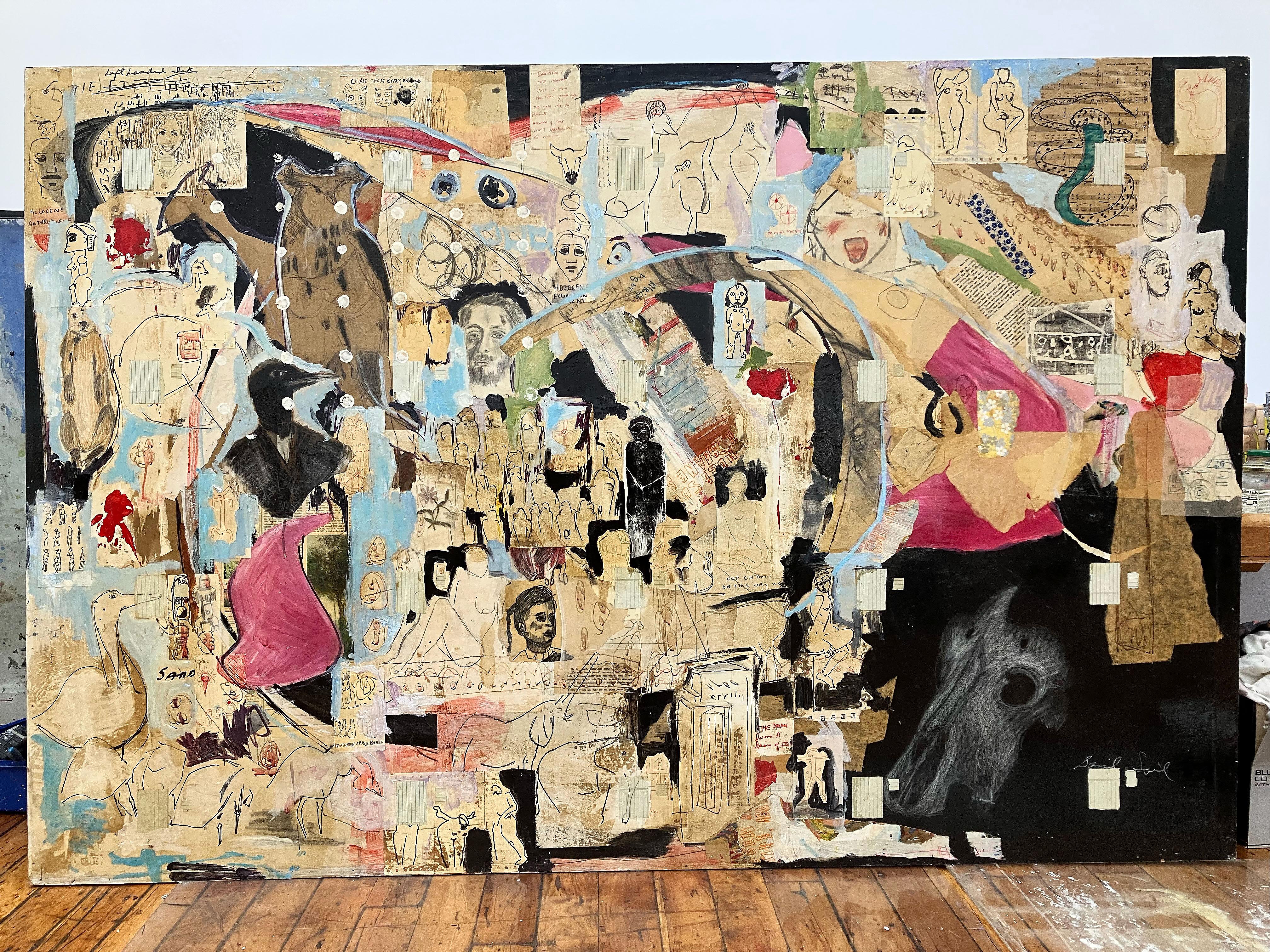 Chuckles, oversize panel of abstract paint, collage images, earth tones, animals - Painting by C. Dimitri