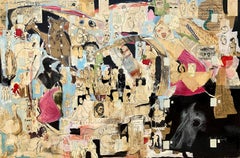 Chuckles, pannello oversize di pittura astratta, immagini a collage, toni della terra, animali