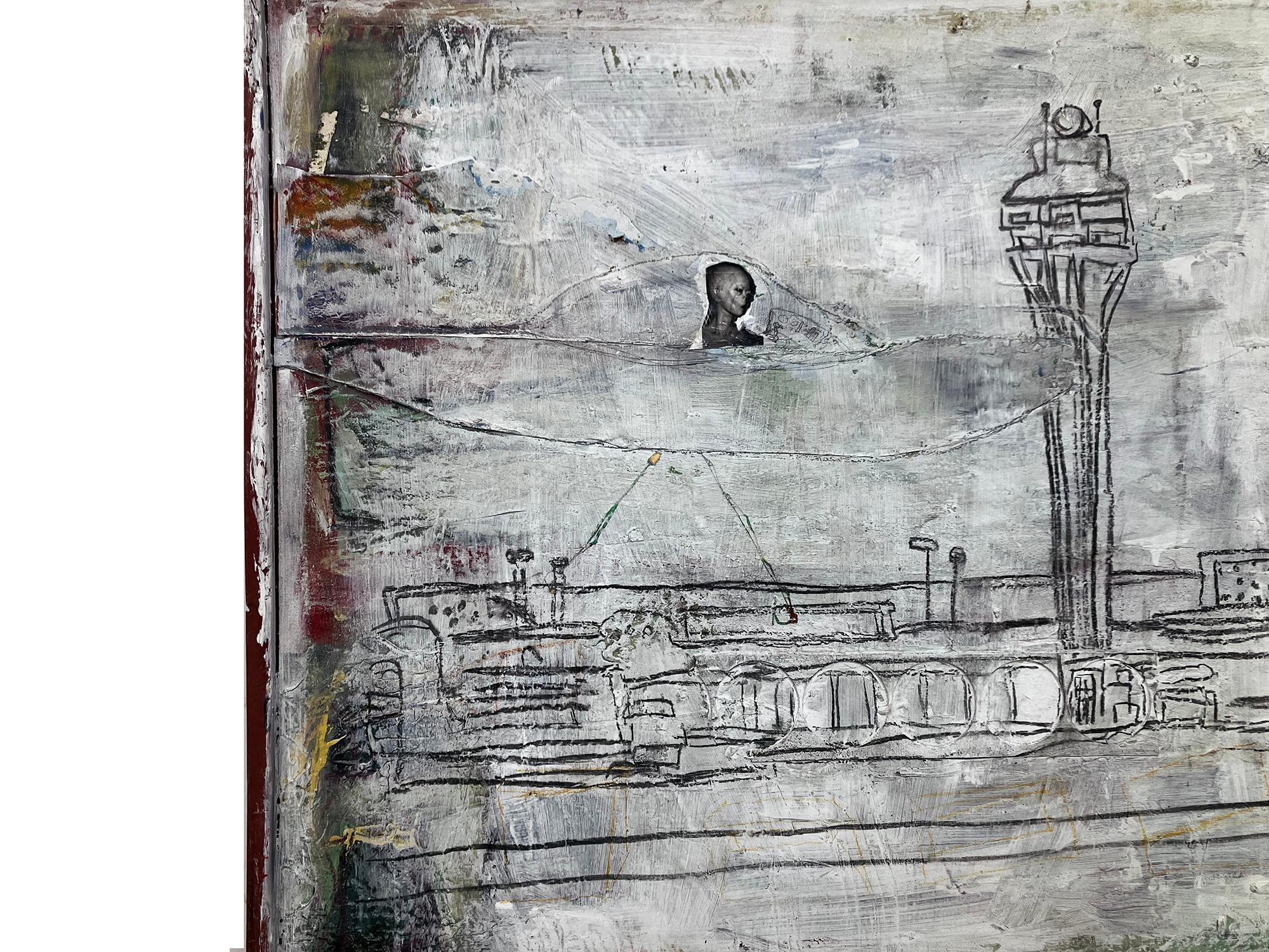 Cold Open, monocromatico, nave spaziale, torre dell'orizzonte - Painting di C. Dimitri