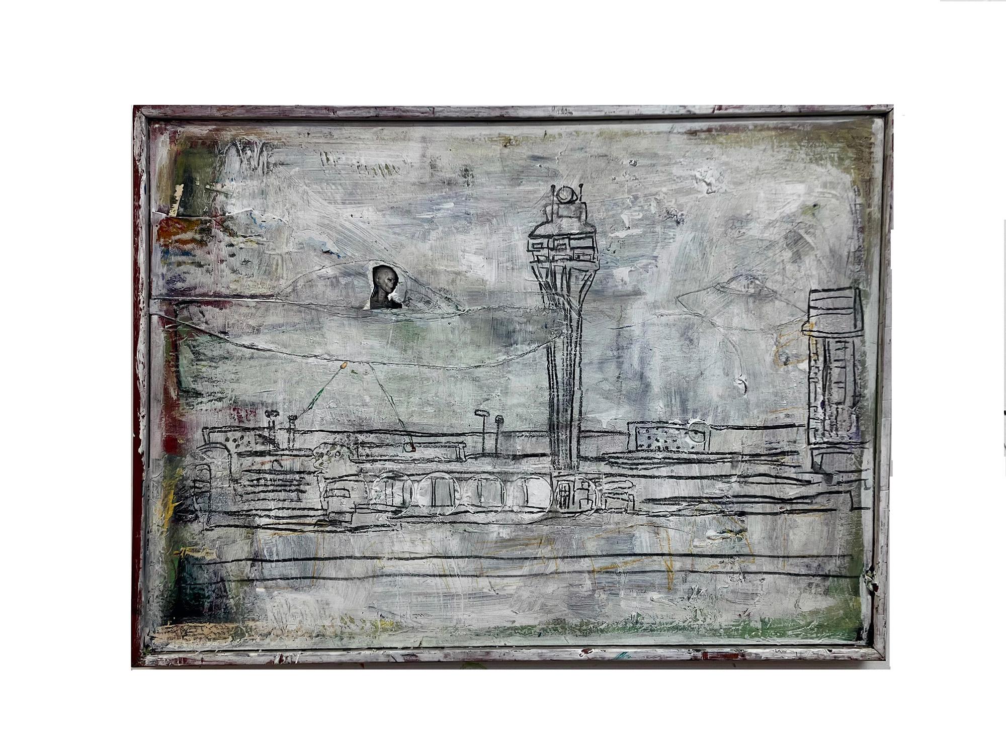 Cold Open, monocromatico, nave spaziale, torre dell'orizzonte - Painting Astratto di C. Dimitri