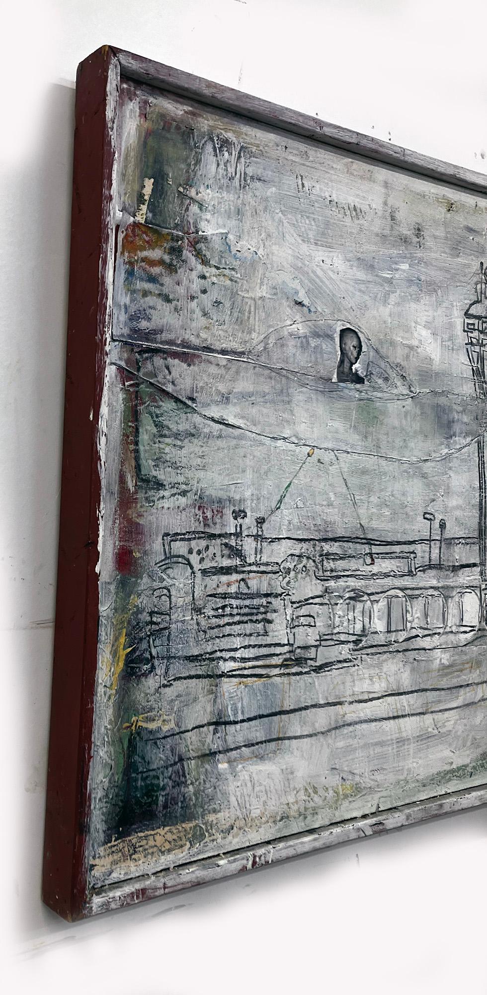 Cold Open, monocromatico, nave spaziale, torre dell'orizzonte - Landscape Painting Grigio di C. Dimitri
