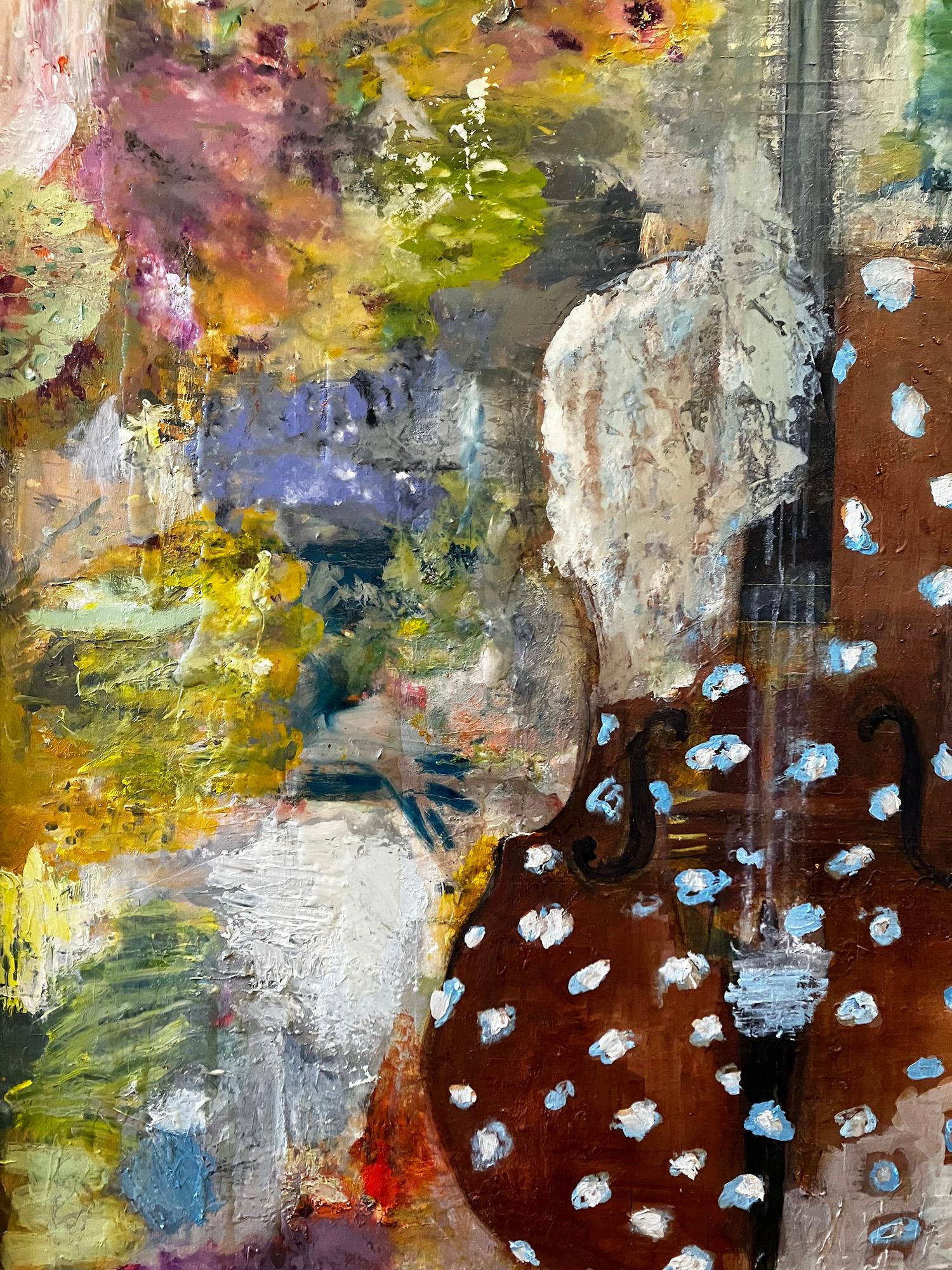 Coralcello, richly colorful music themed abstraction - Brown Still-Life Painting by C. Dimitri