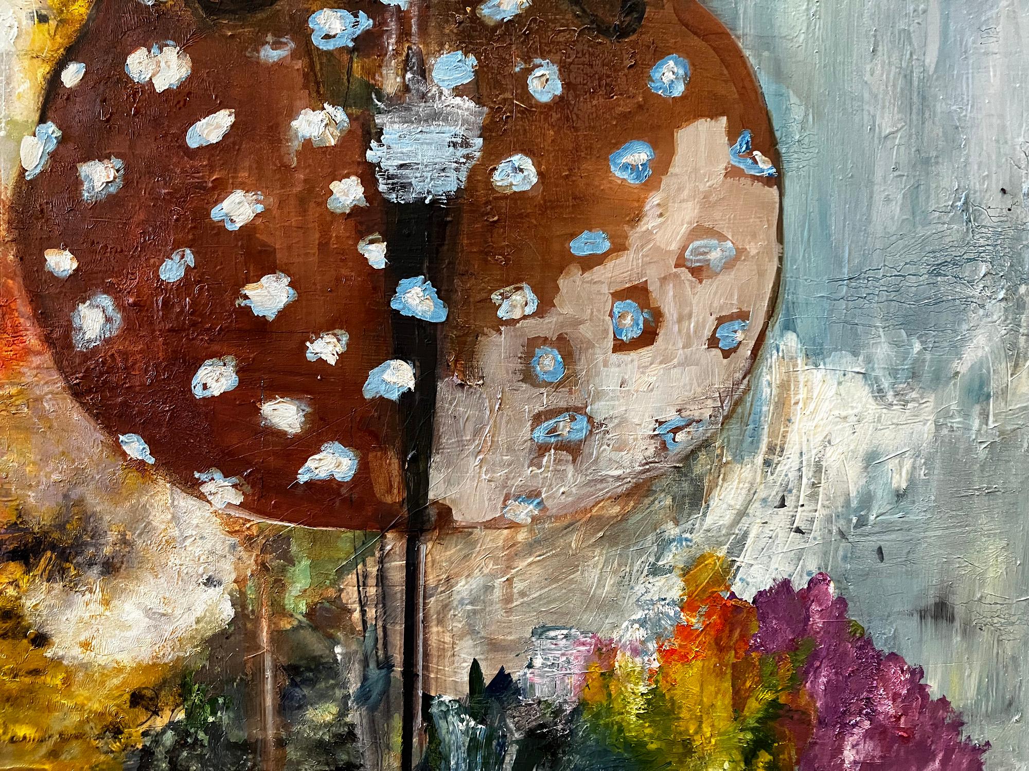 The artist began this painting in 2010. Oil and resin on wood panel. Dedicated to David Lynch and coral reefs.

Rich brushwork in image of stringed musical instrument within the abstract composition. Colorful impasto textured oil paint with broad,