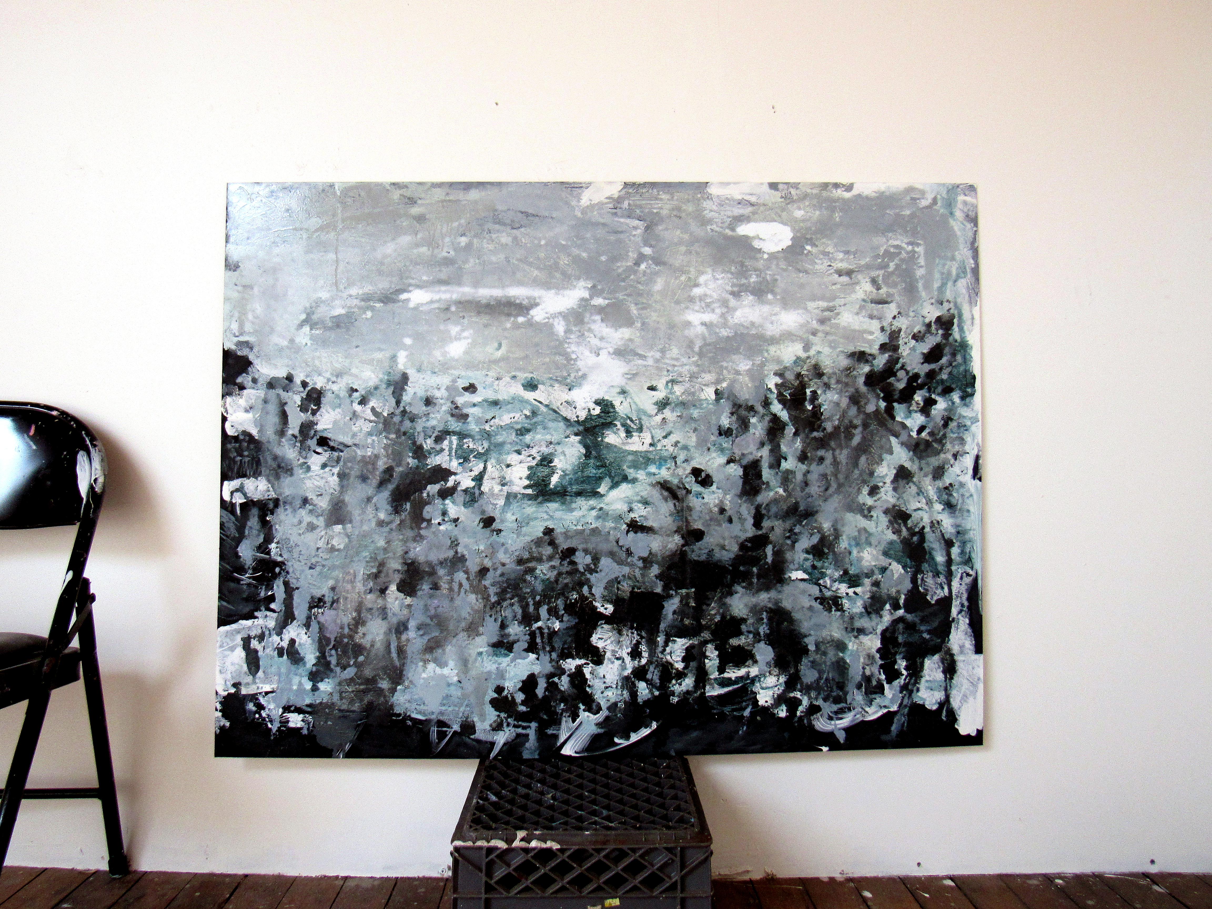 Eight Sequences, gestural abstract, blue, grey,  - Painting by C. Dimitri