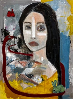 Enlightenment Eve, female face, snake and rabbit colorful allegorical