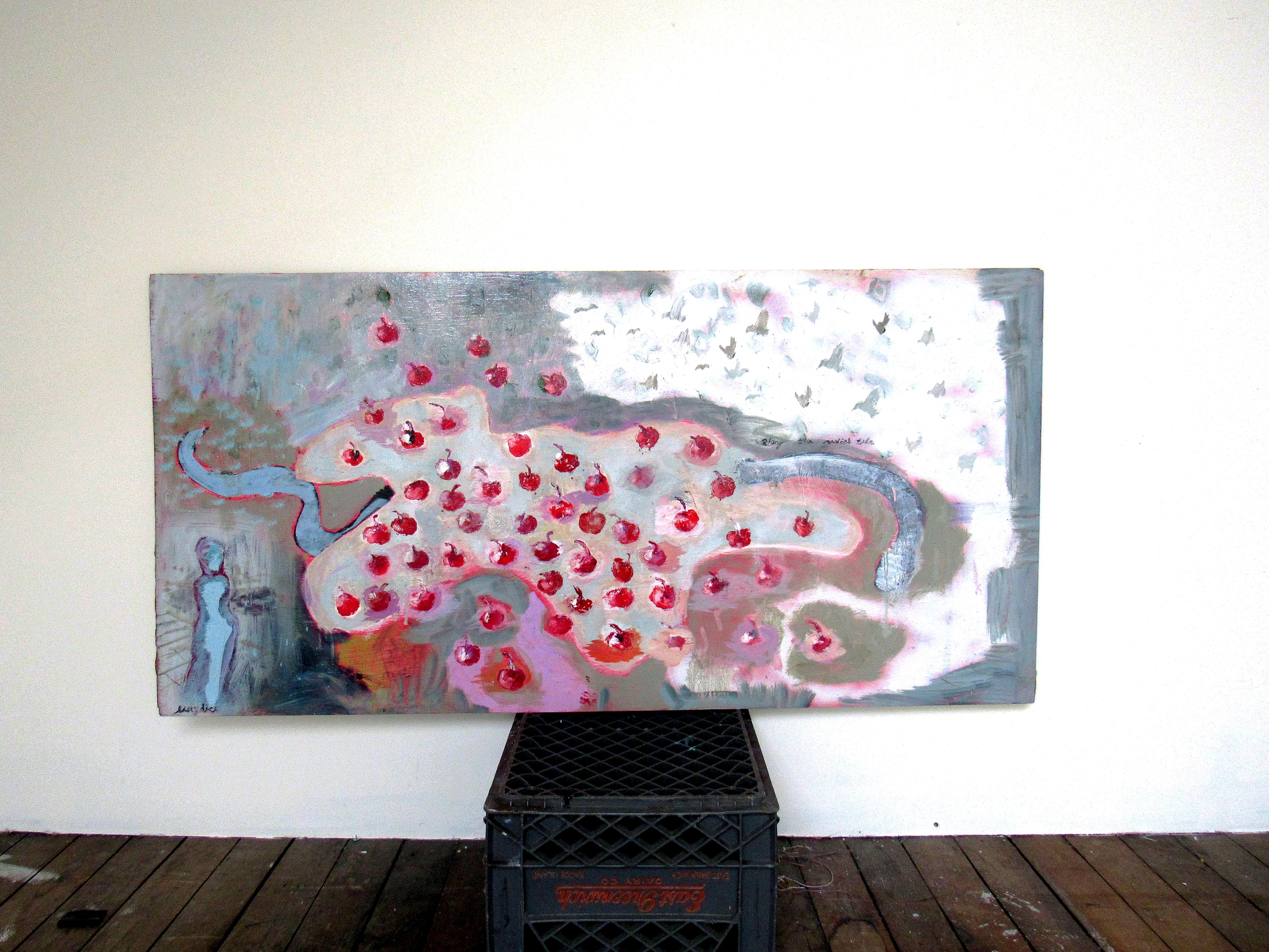 Eurydice Along the River's Tide, abstract w birds red cherries, water blues - Painting by C. Dimitri