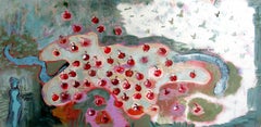 Eurydice Along the River's Tide, abstract w birds red cherries, water blues