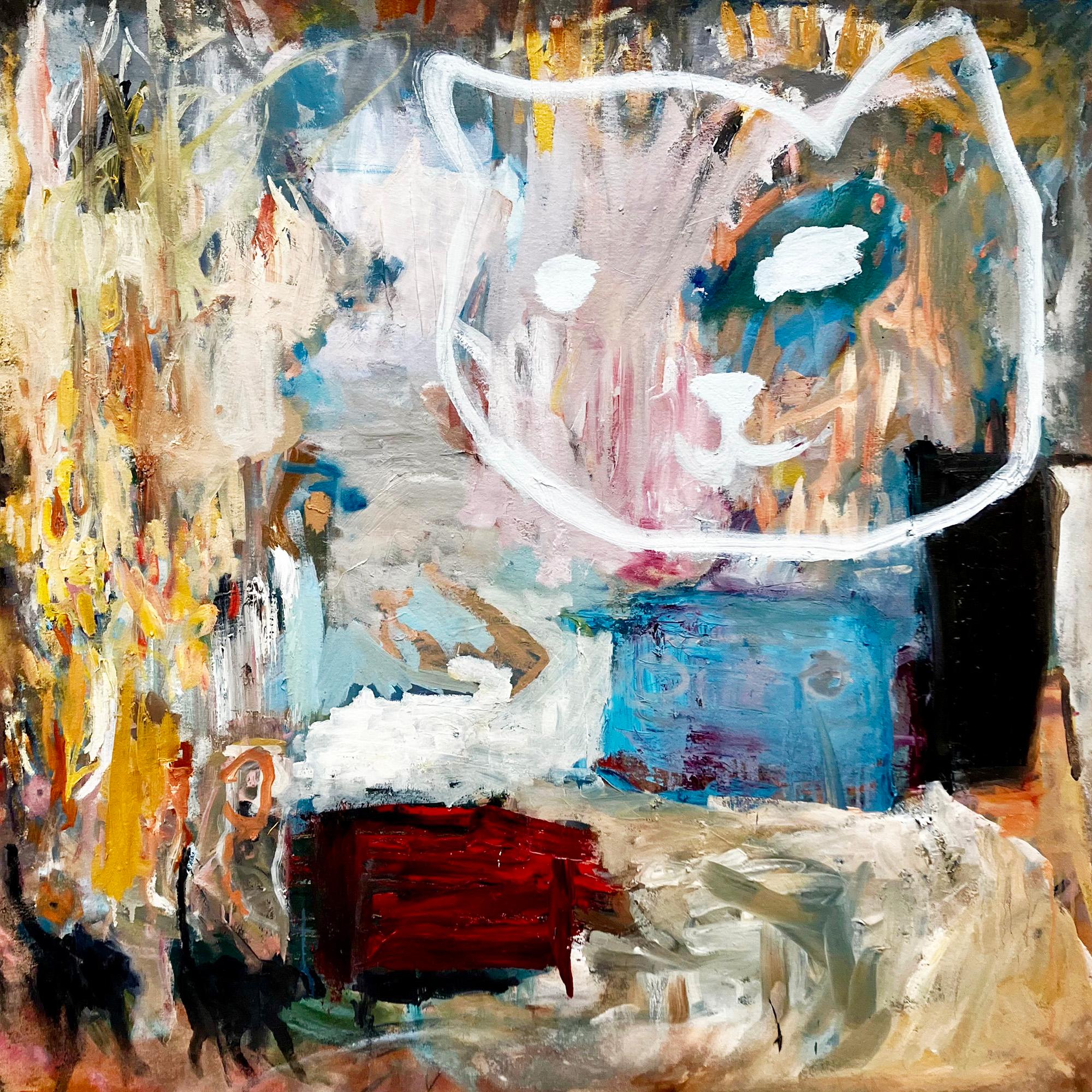 C. Dimitri Abstract Painting - Everybody Draws the Line Somewhere, colorful gestural abstract w linear cat icon