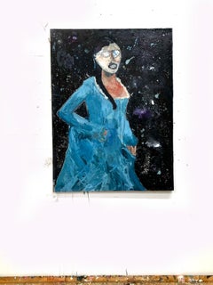 Fantasma, abstracted ghost like woman in blue dress, rich brushwork & texture