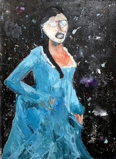 Fantasma, abstracted ghost like woman in blue dress, rich brushwork 
texture