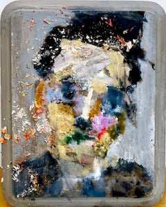 Filmmaker, affordable colorful abstracted face painting on wood panel