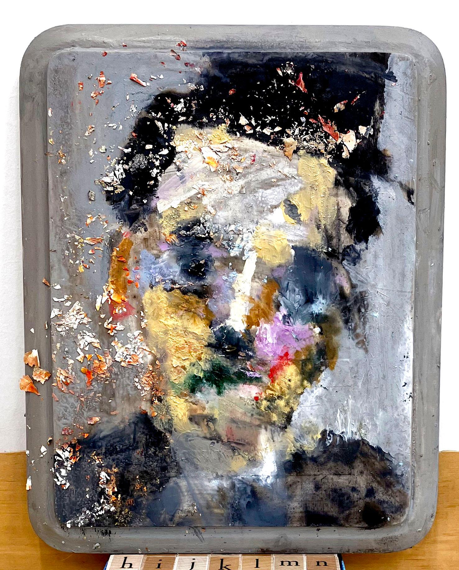 Filmmaker, affordable colorful abstracted face painting on wood panel