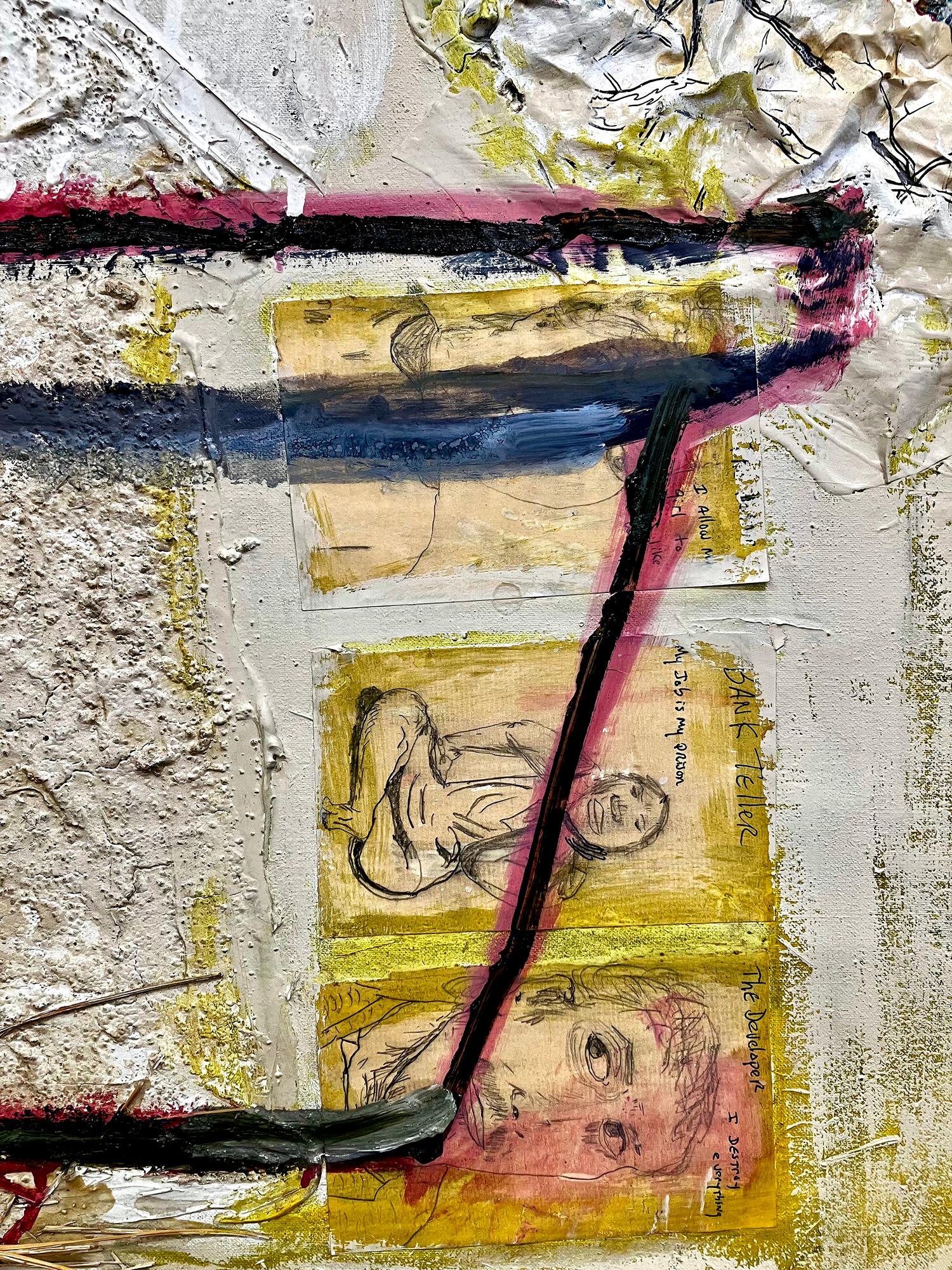 Fiori7, composizione audace, elementi di collage testuali - Painting Astratto di C. Dimitri