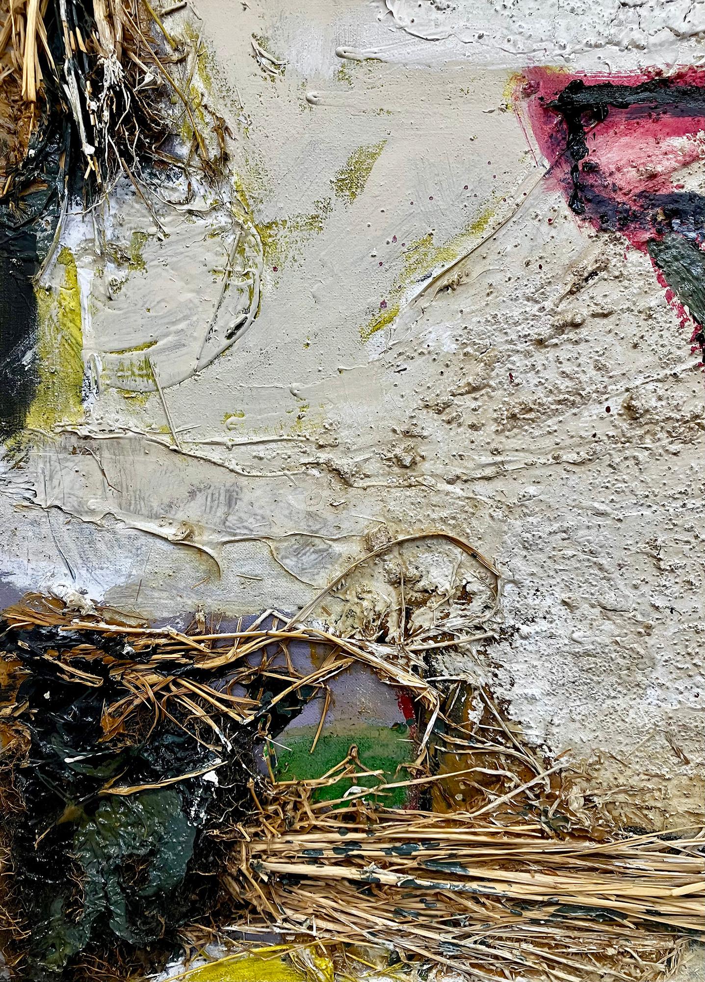 Fiori7, composizione audace, elementi di collage testuali - Abstract Painting Beige di C. Dimitri