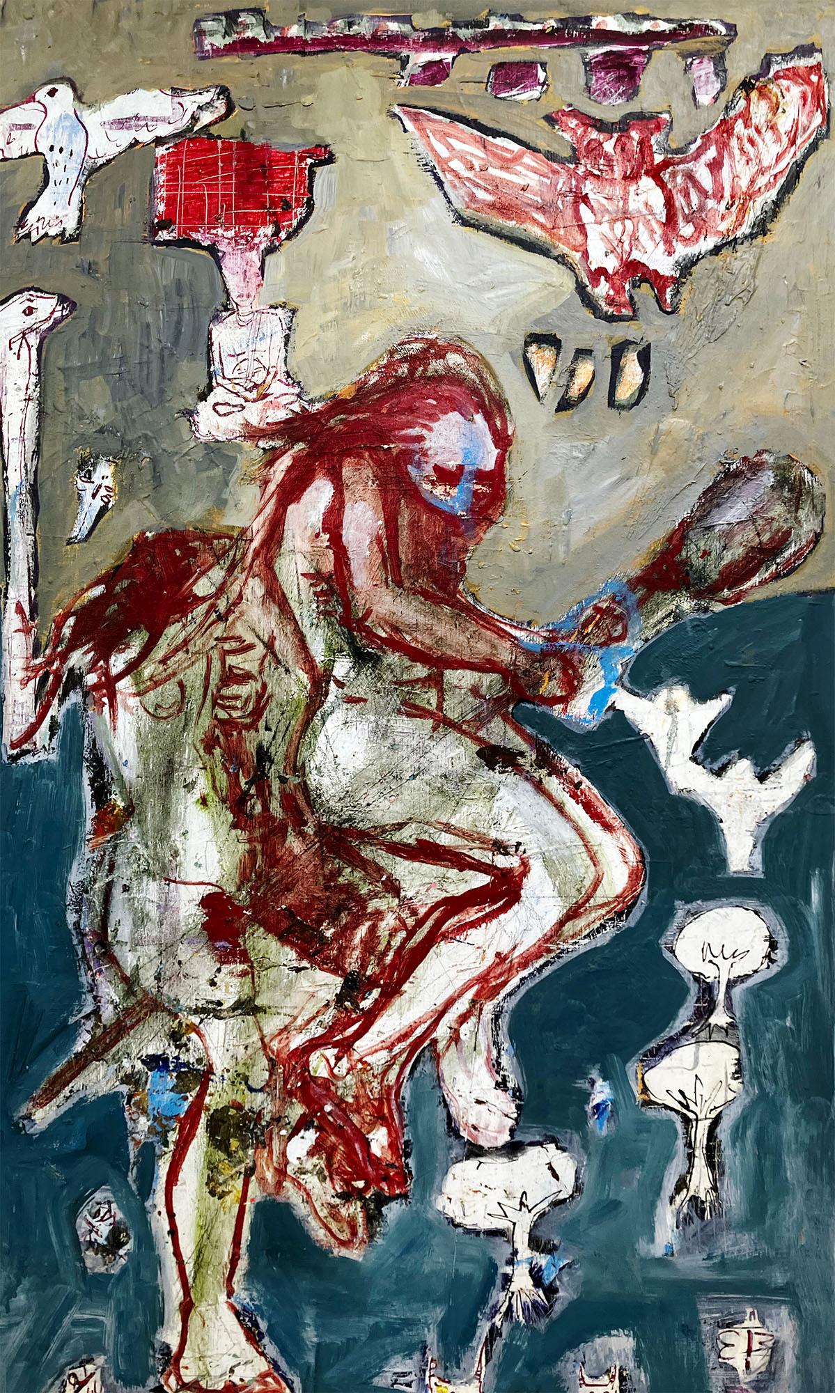 Frank & Marie's Wild Years farbenfrohe, nackte, fliegende Broomstickerei mit Schlägertext mit Fledermausen – Painting von C. Dimitri