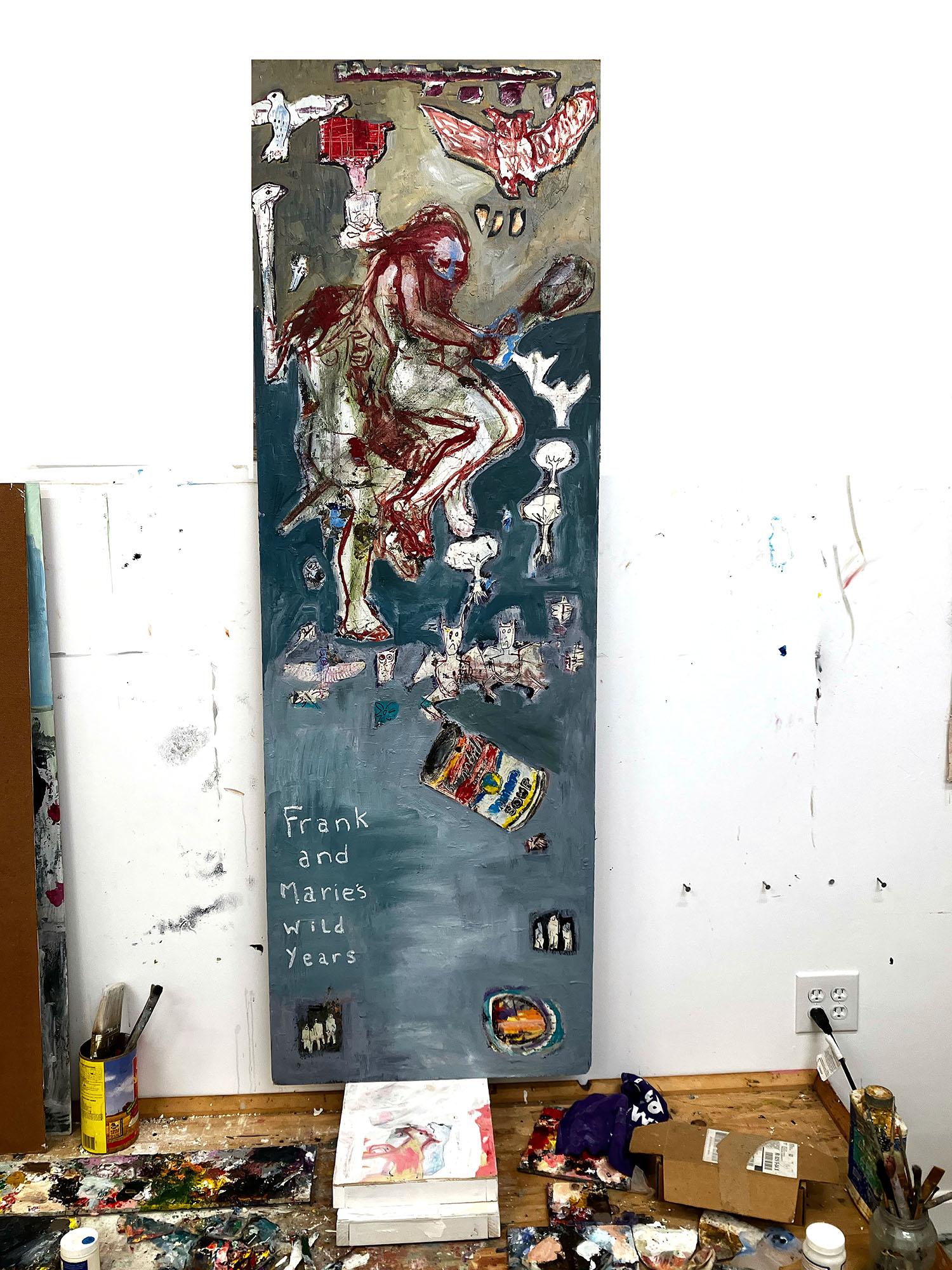 Frank & Marie's Wild Years farbenfrohe, nackte, fliegende Broomstickerei mit Schlägertext mit Fledermausen (Beige), Figurative Painting, von C. Dimitri