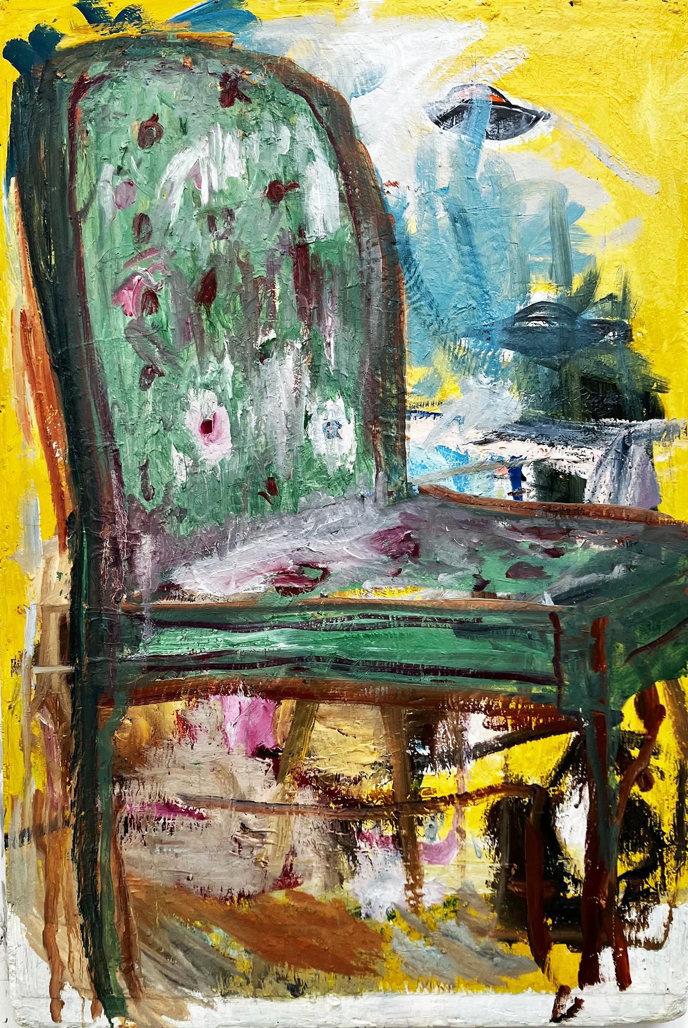 Green Chair, colorful oil on wood abstracted furniture