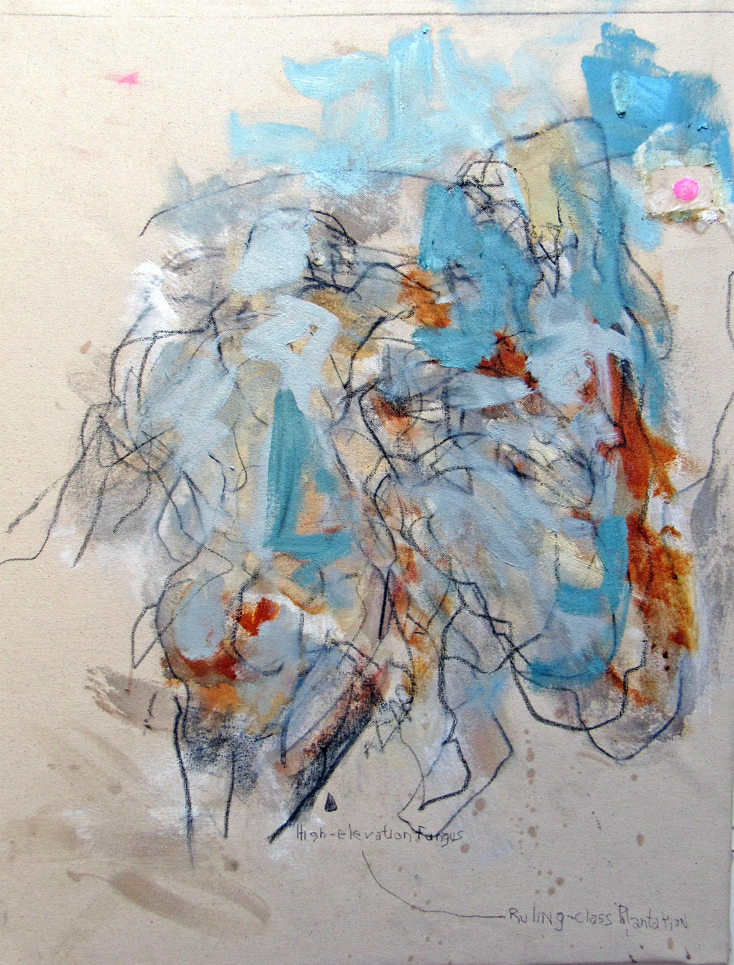 C. Dimitri Figurative Painting - High-Elevation Fungus, mixed media gestural abstraction blue & neutral tones