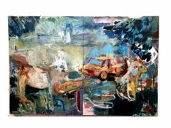Homestead, blues and earth tones, car, puppy, bold brushwork