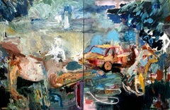 Homestead, blues and earth tones, car, puppy, bold brushwork