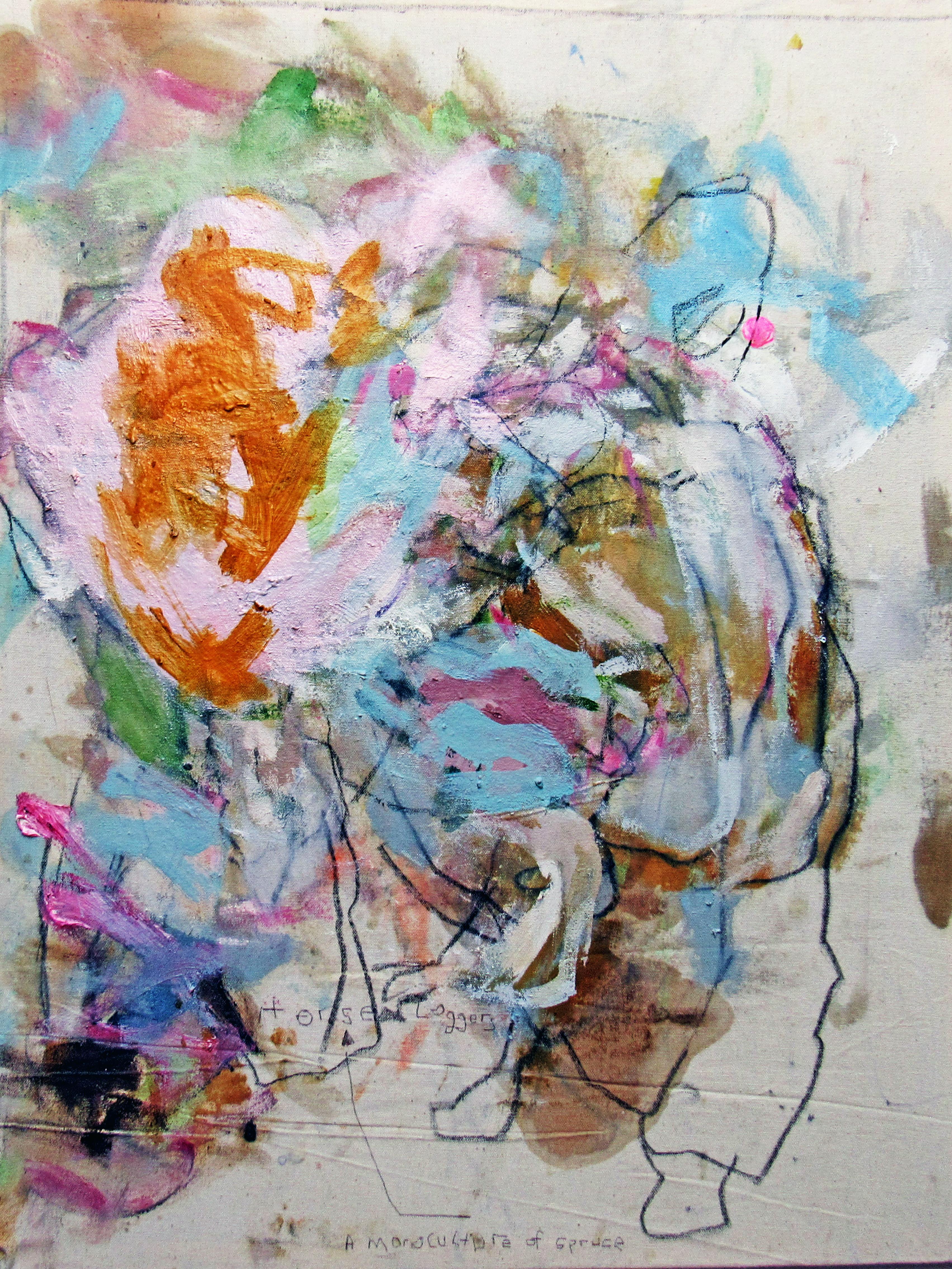 Horse Loggers, mixed media gestural abstract painting bright colors