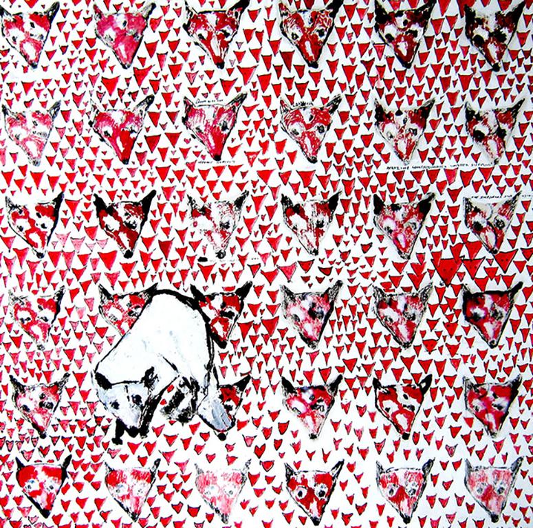 C. Dimitri Abstract Painting - I Live Above the Dirty Bookstore, off Euclid Avenue (Fox), colorful reds pattern
