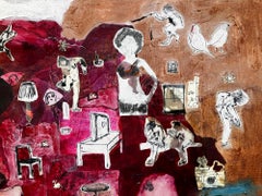 Icarus, reds earth tones figures furniture birds animals whimsy abstract pattern