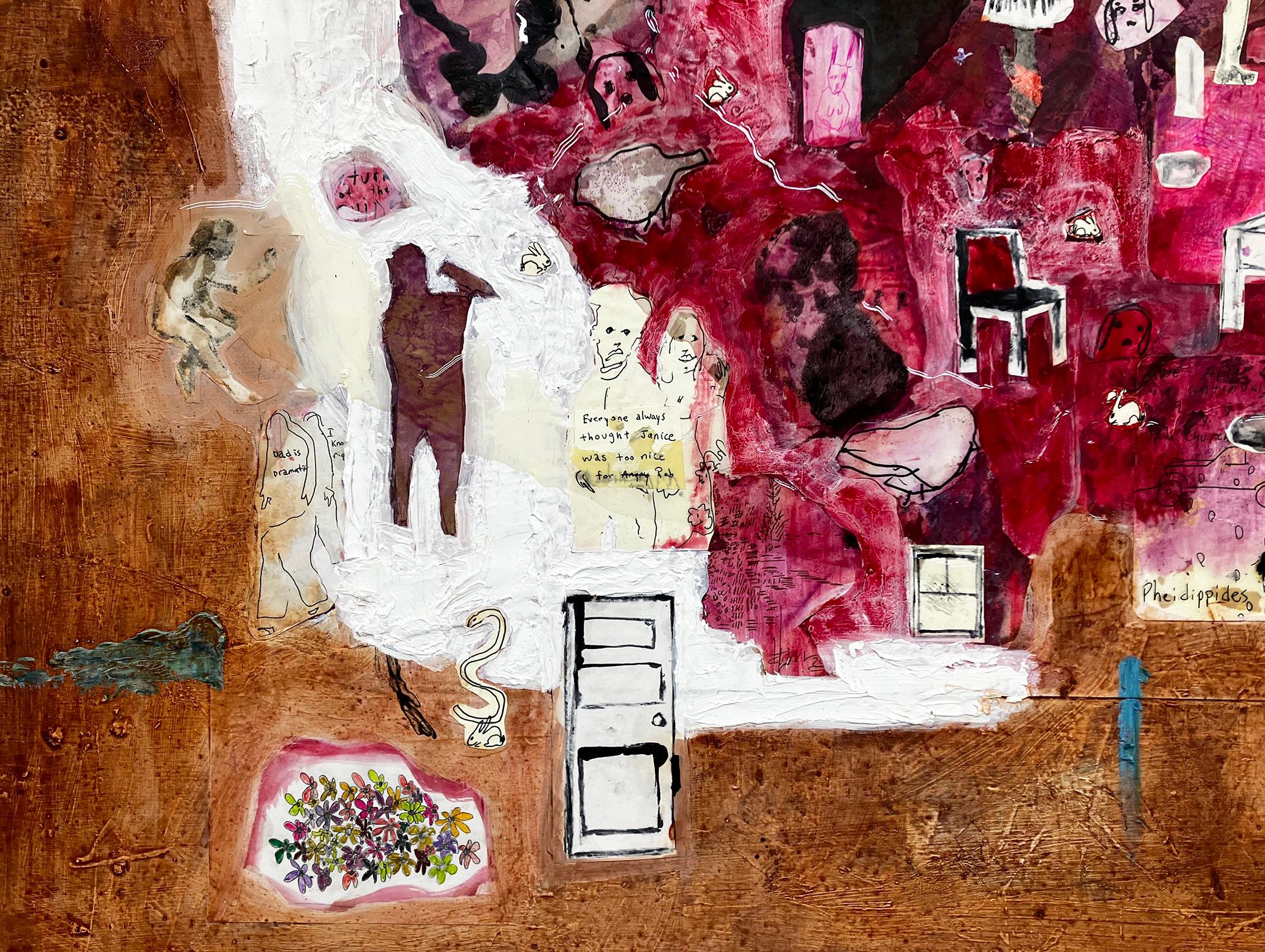 Icarus, reds earth tones figures furniture birds animals whimsy abstract pattern - Abstract Painting by C. Dimitri