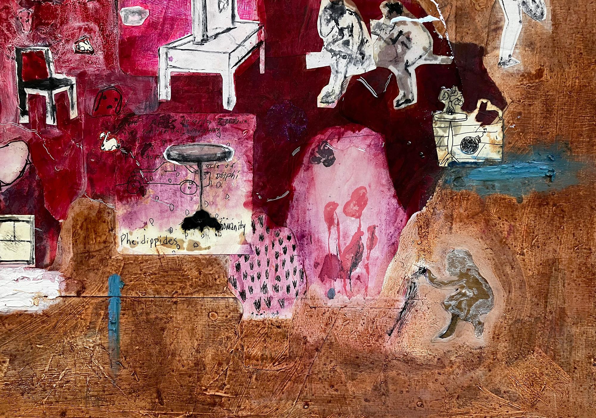 Icarus, reds earth tones figures furniture birds animals whimsy abstract pattern - Brown Figurative Painting by C. Dimitri