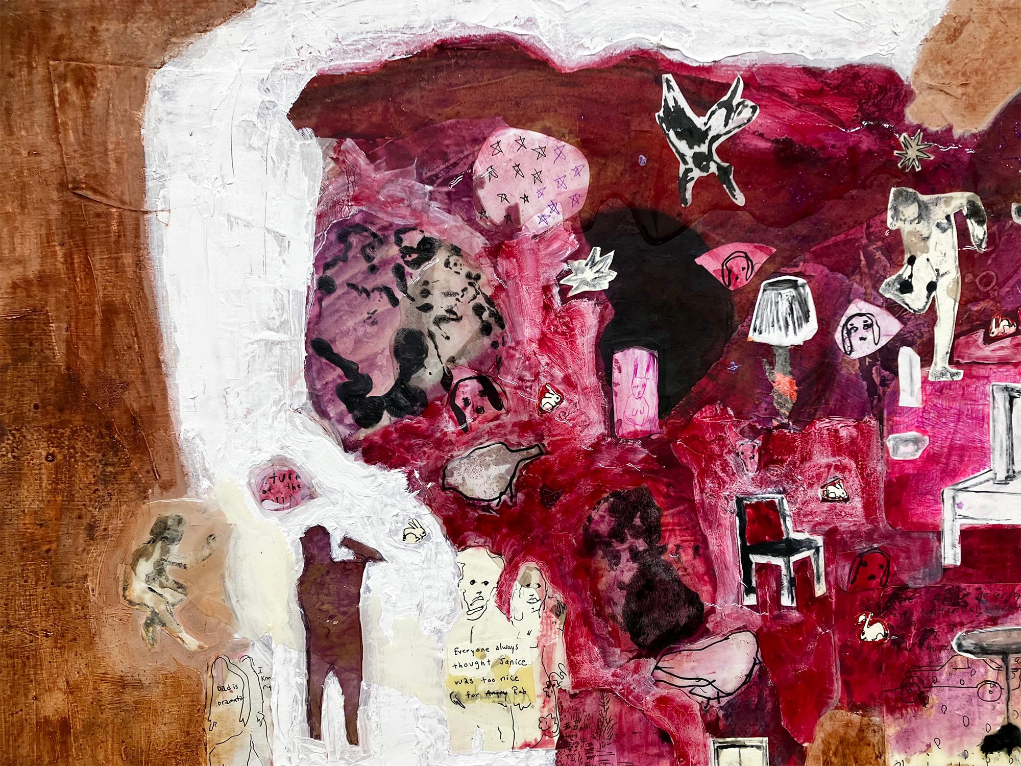 
The composition refuses a single perspective. It is a landscape within a landscape within an interior. Figures appear and disappear. Everyday objects drift into symbolic weight. These elements aren’t arranged as narrative so much as unearthed. The