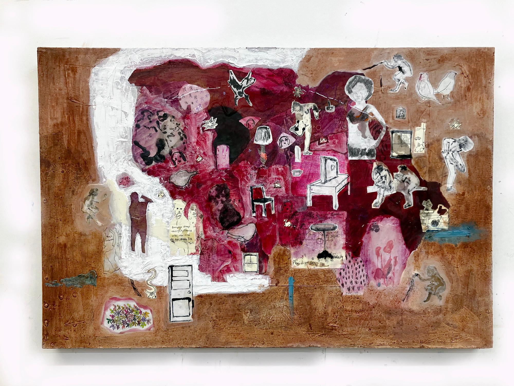 Icarus, reds earth tones figures furniture birds animals whimsy abstract pattern For Sale 1