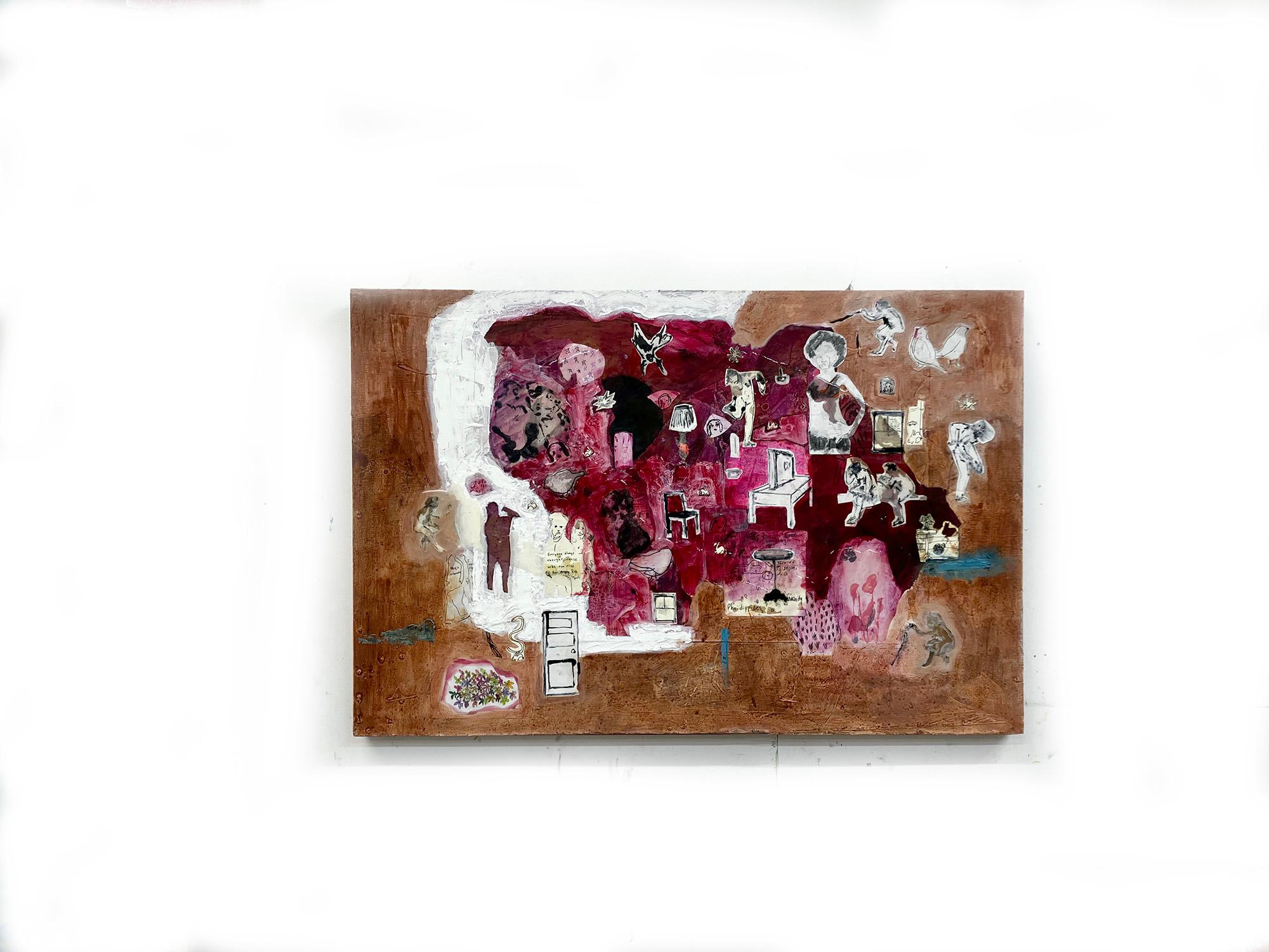 Icarus, reds earth tones figures furniture birds animals whimsy abstract pattern For Sale 2