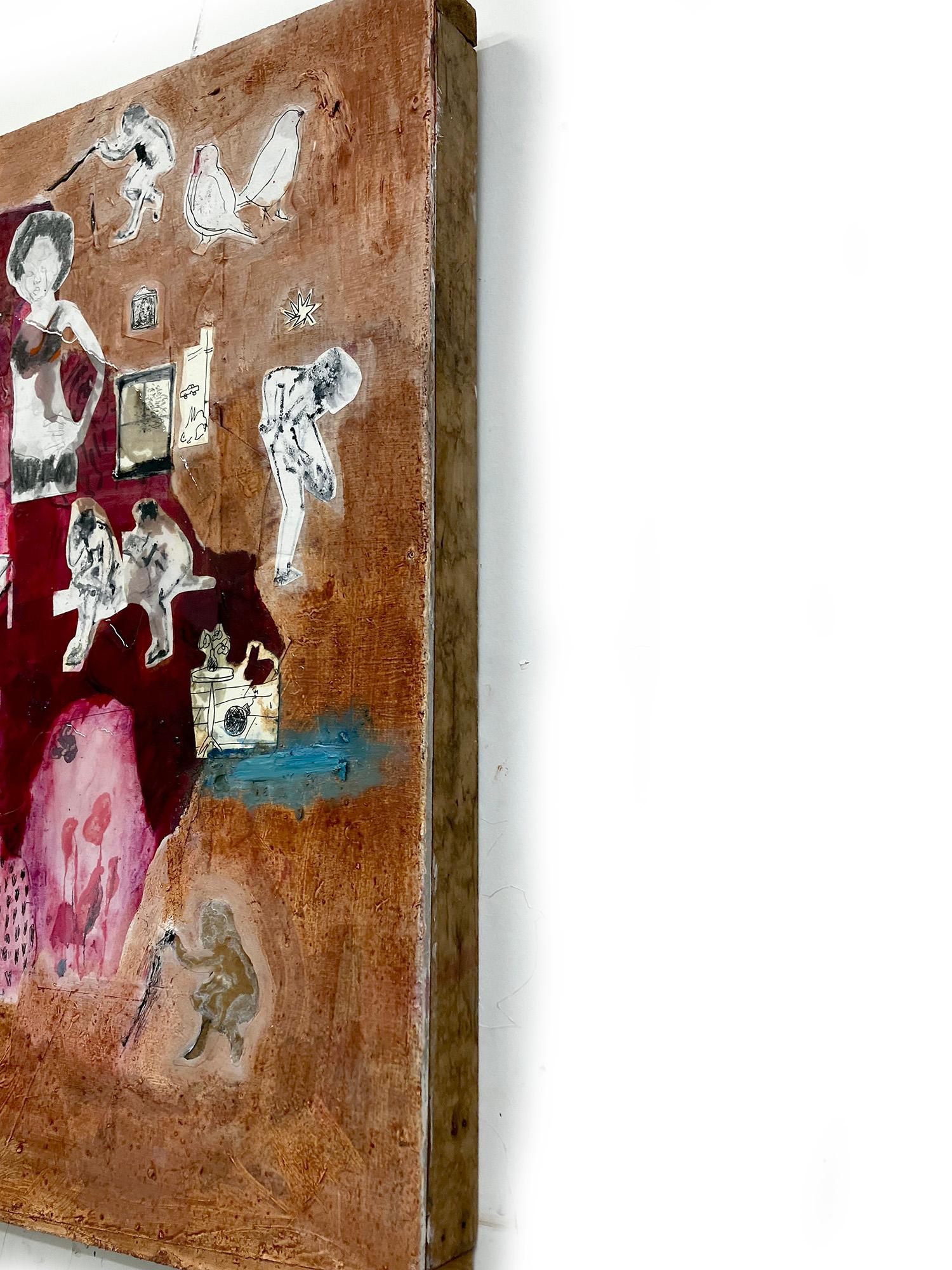 Icarus, reds earth tones figures furniture birds animals whimsy abstract pattern For Sale 3