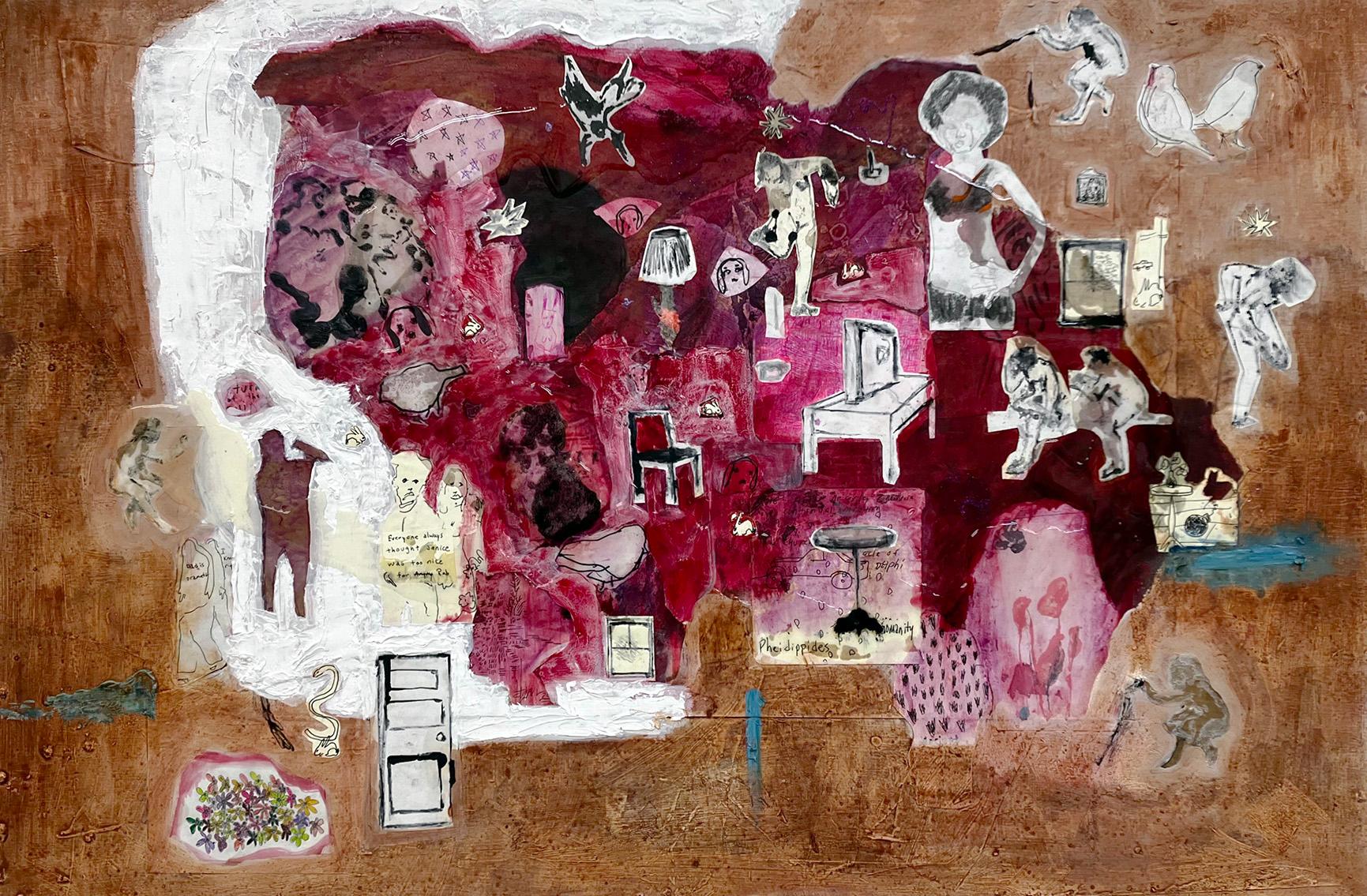 C. Dimitri Figurative Painting - Icarus, reds earth tones figures furniture birds animals whimsy abstract pattern