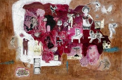 Icarus, reds earth tones figures furniture birds animals whimsy abstract pattern