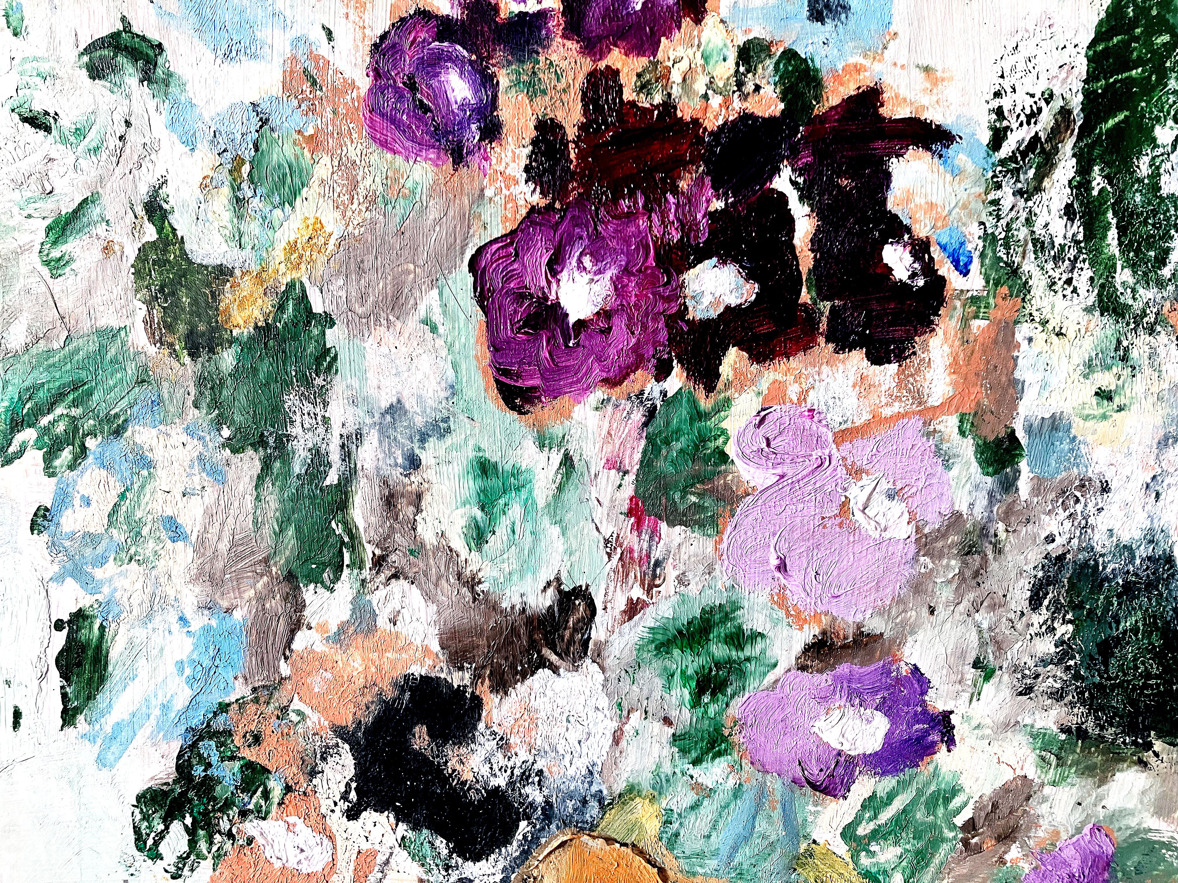 If It Makes You Happy, farbenfrohe Blumen, dicke Farbe, fröhliche abstrakte Blumen (Blau), Still-Life Painting, von C. Dimitri