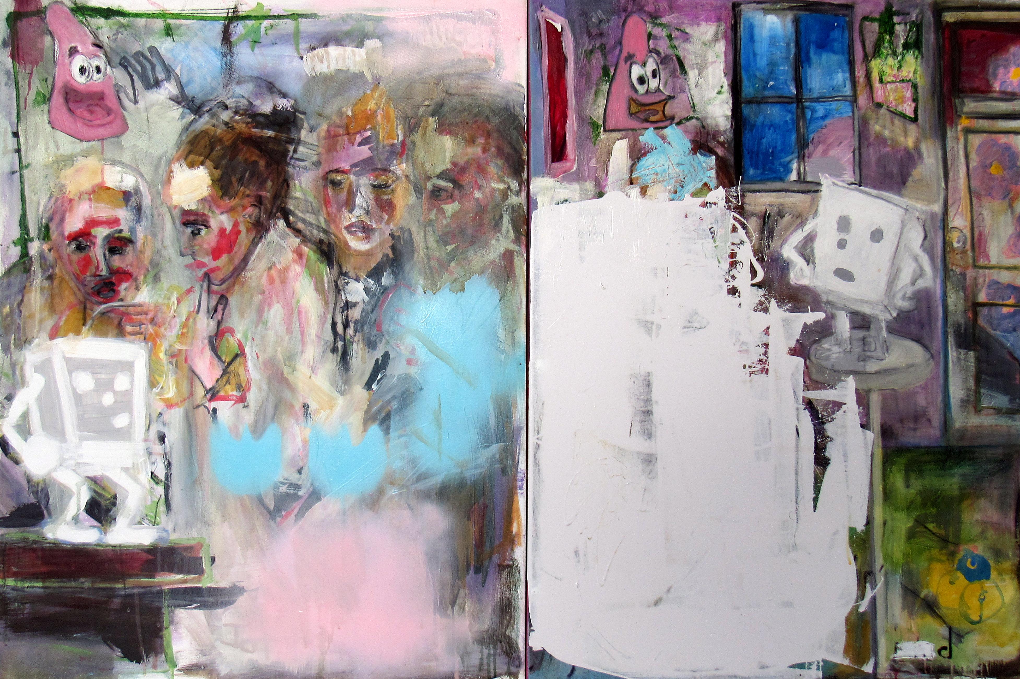 The Four Evangelists, Figure colorful Abstract diptych face and cartoon elements - Gray Figurative Painting by C. Dimitri