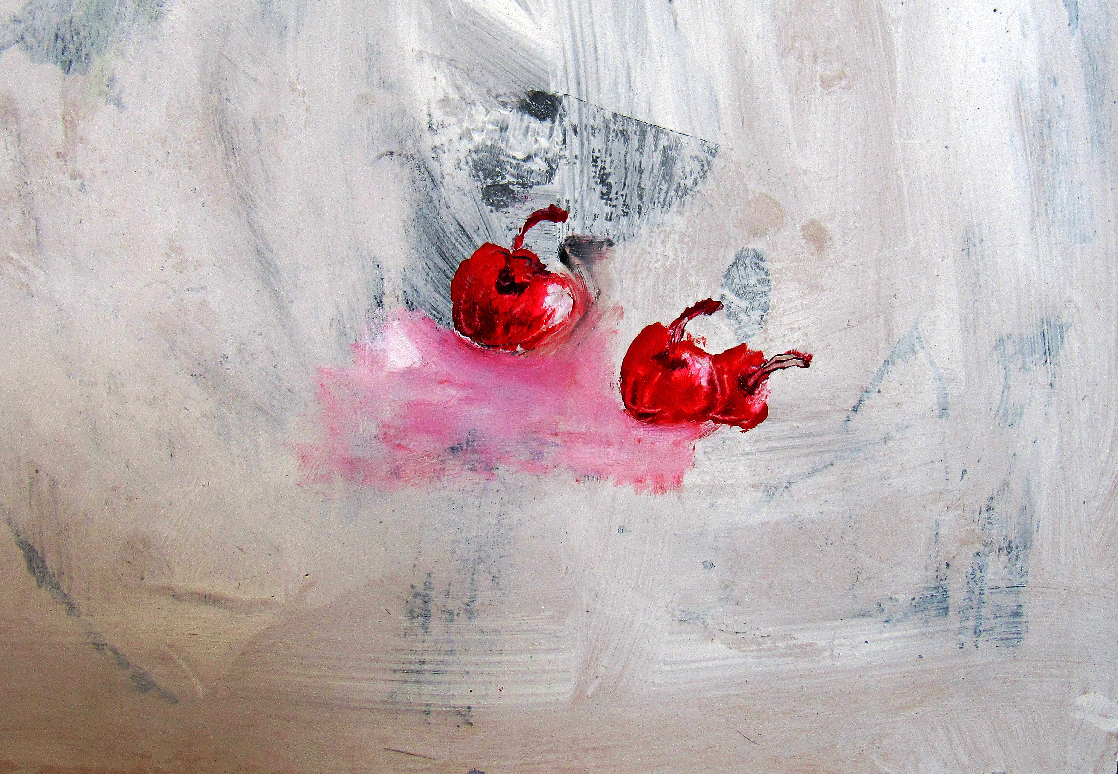 Incurable Romantic, light colors, gestural abstraction w realistic cherries - Gray Still-Life Painting by C. Dimitri
