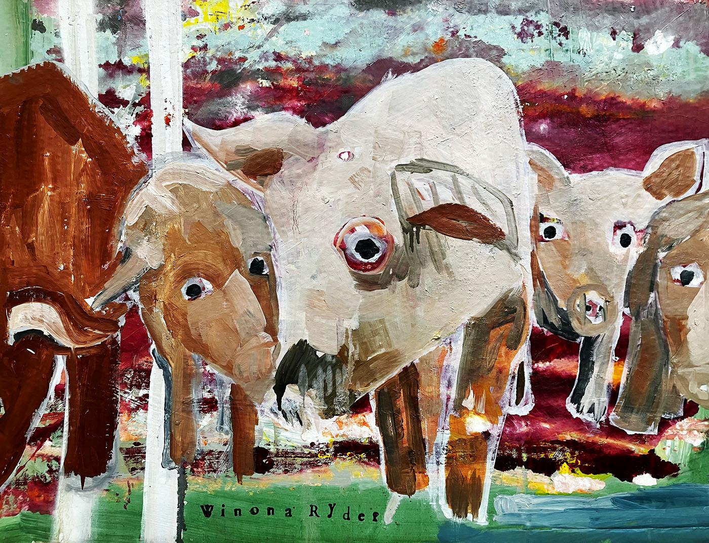 Cotta per Winona Ryder, maiali colorati e astratti, Greene & Greene - Painting Impressionismo americano di C. Dimitri