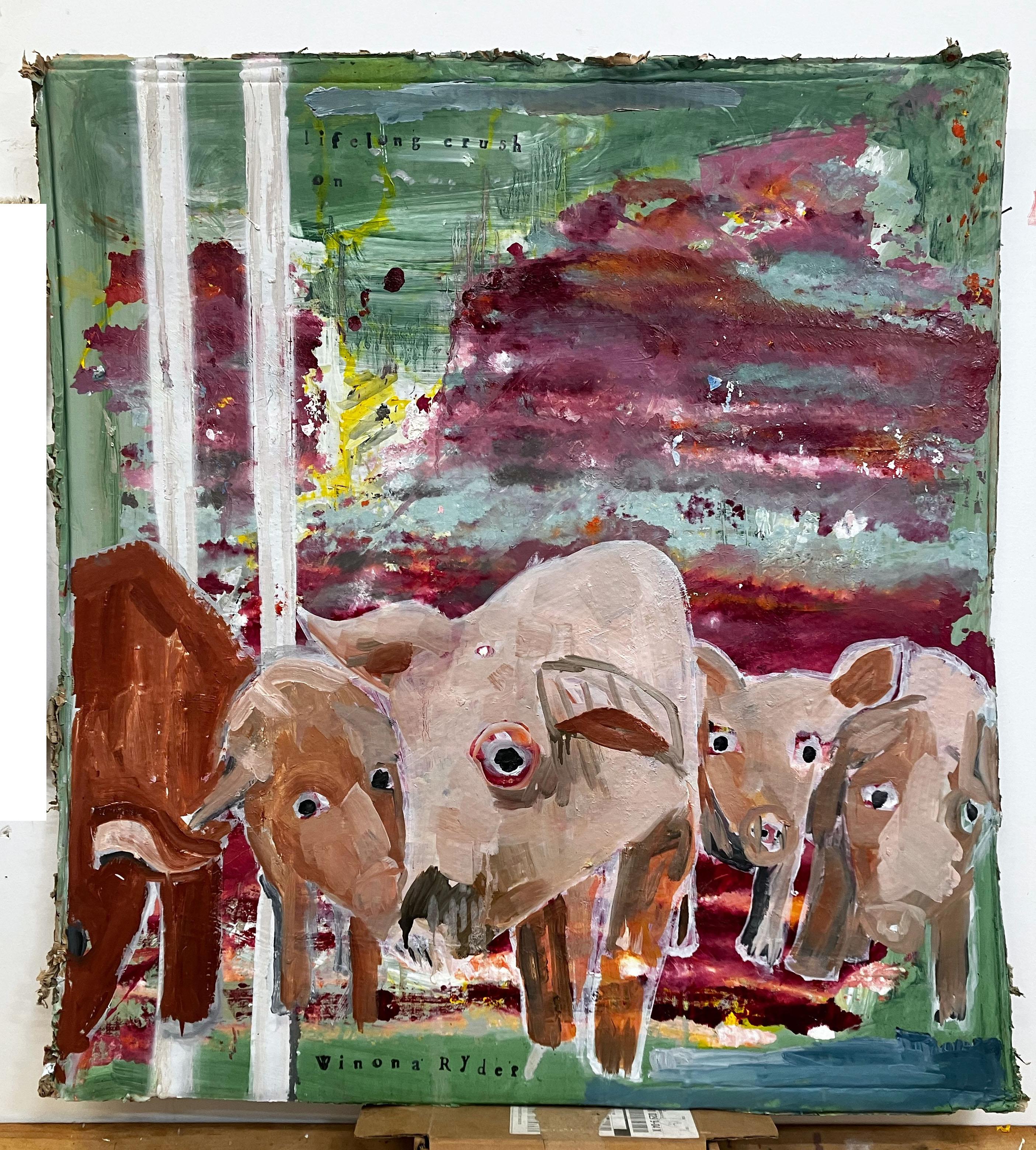 Cotta per Winona Ryder, maiali colorati e astratti, Greene & Greene - Animal Painting Marrone di C. Dimitri