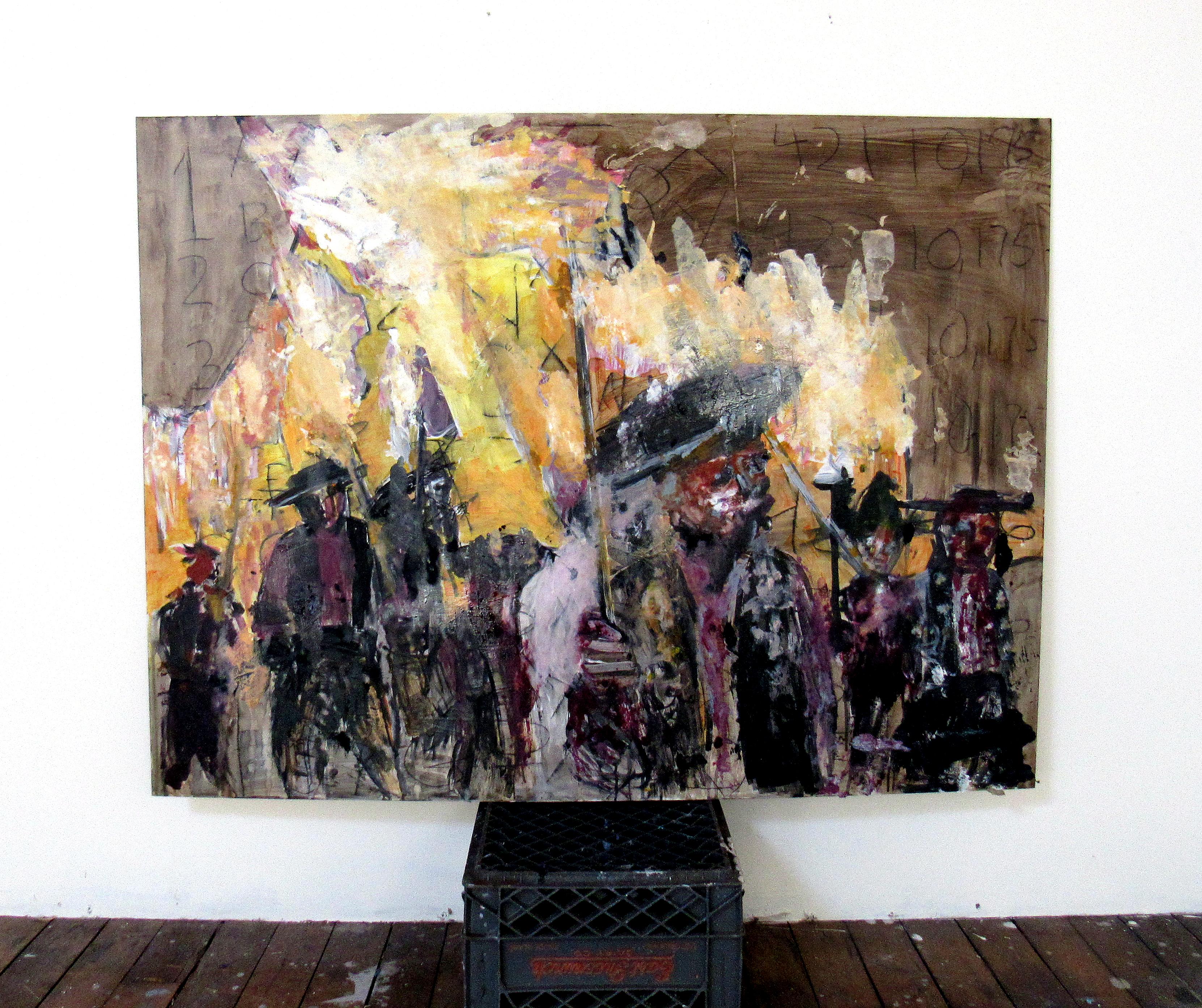 Lot, dramatic abstracted military theme, fire, multiple figures - Painting by C. Dimitri