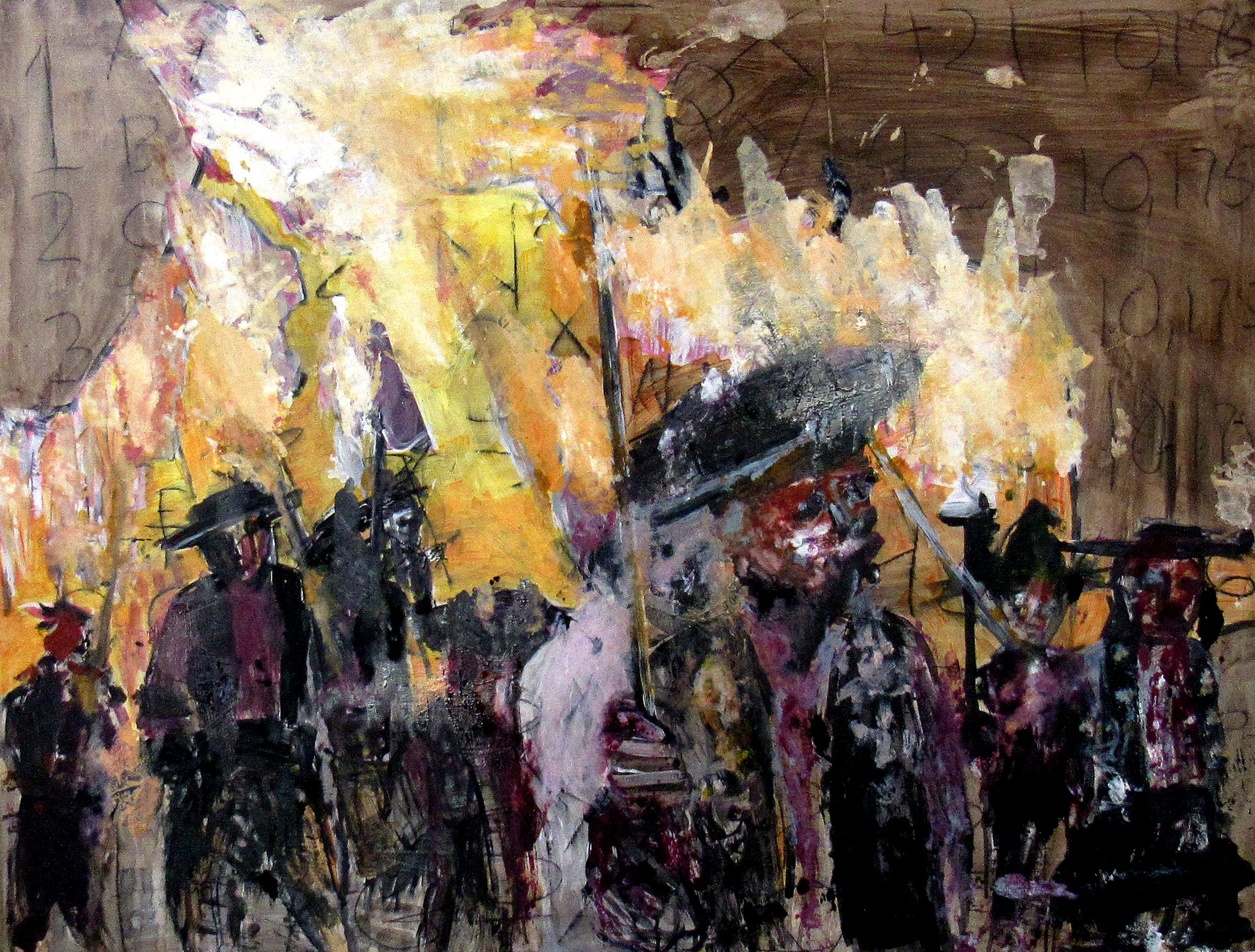 Lot, dramatic abstracted military theme, fire, multiple figures