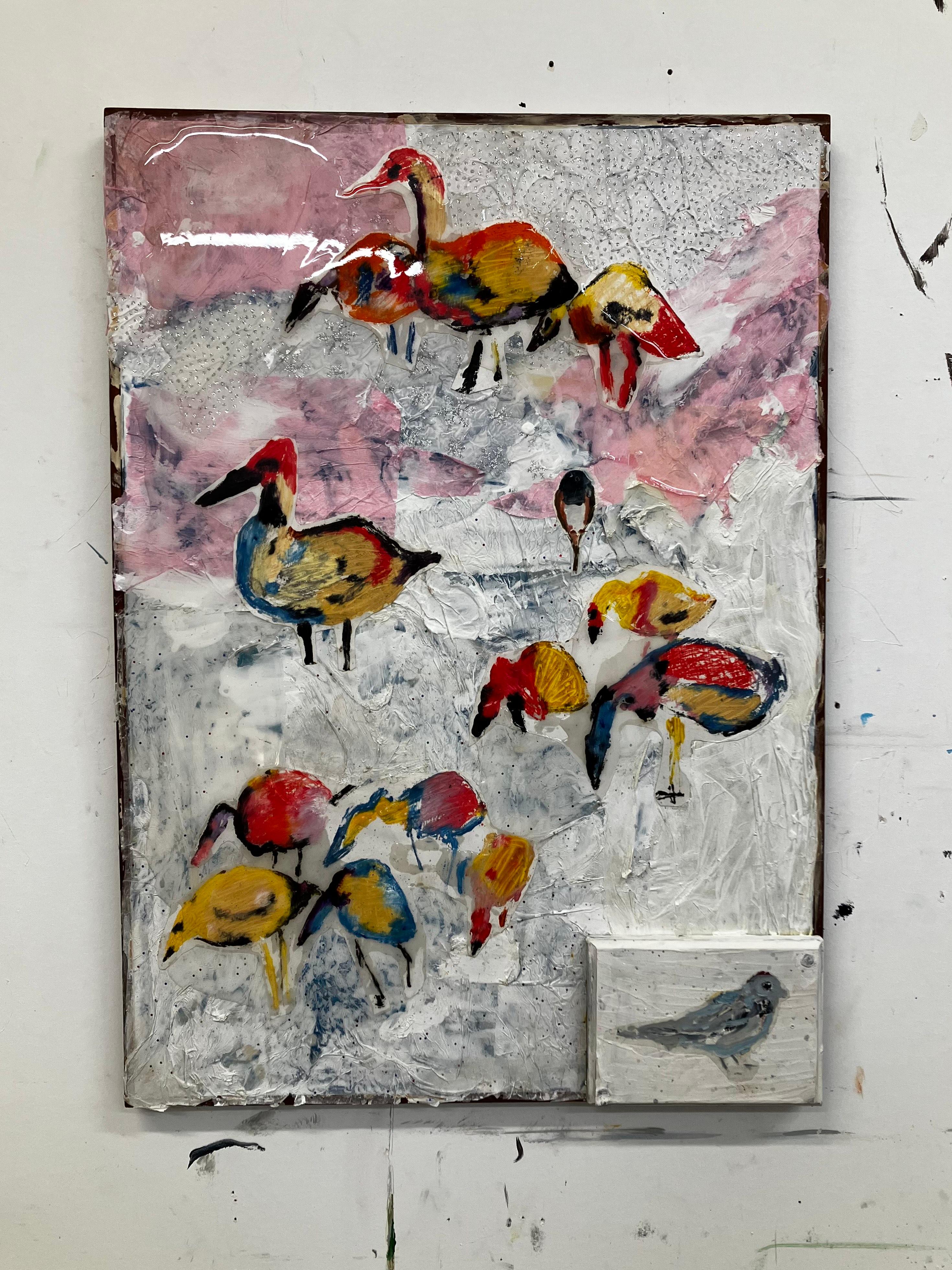 Lyrical Miracle, abstract w birds ducks colorful mixed media painting - Painting by C. Dimitri