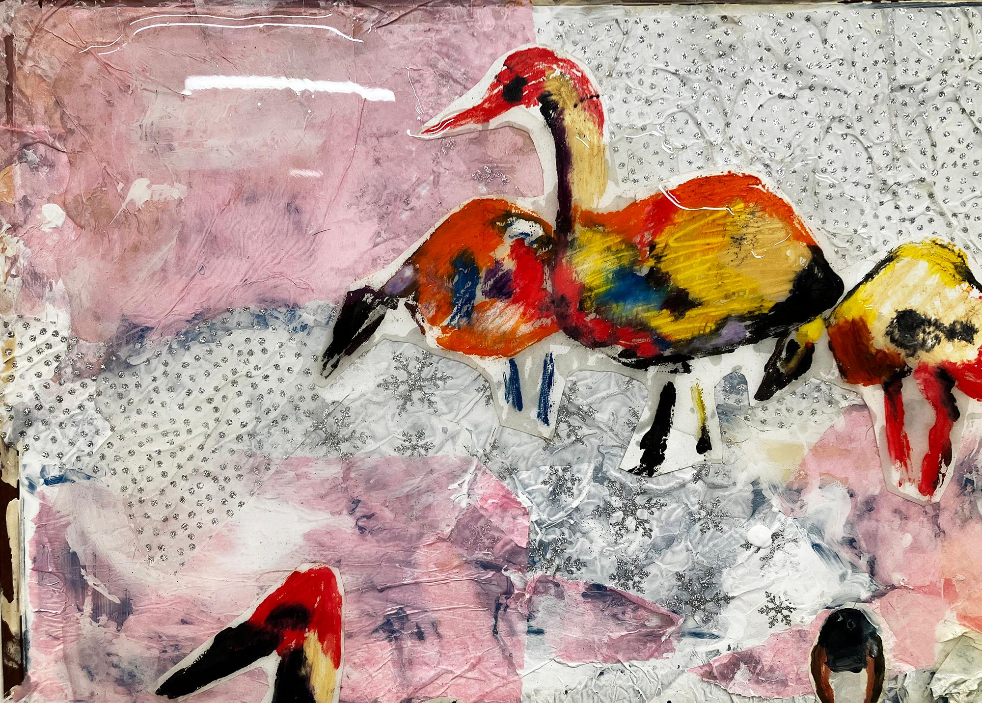 Lyrical Miracle, abstract w birds ducks colorful mixed media painting - Abstract Painting by C. Dimitri