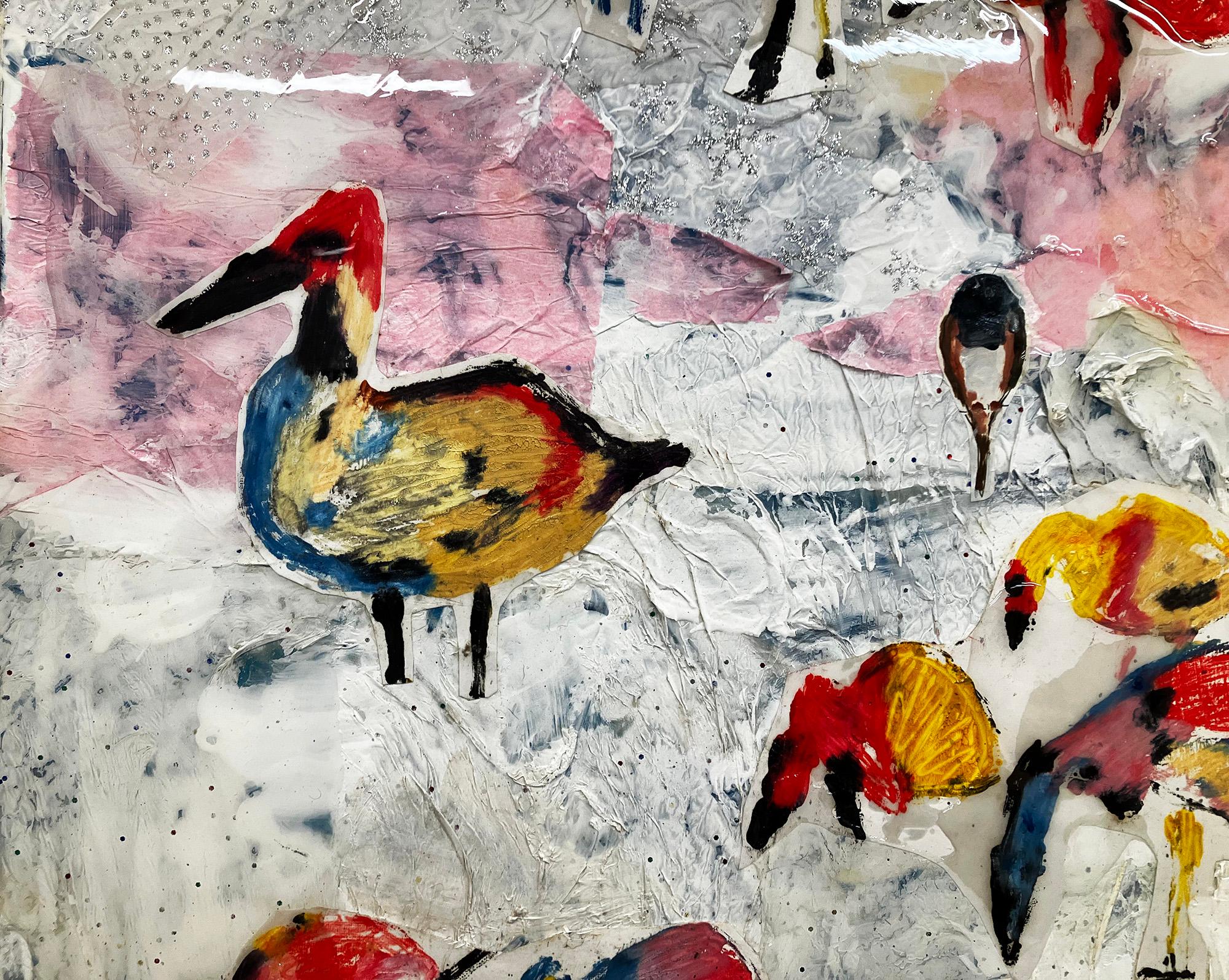Lyrical Miracle, abstract w birds ducks colorful mixed media painting - Gray Abstract Painting by C. Dimitri
