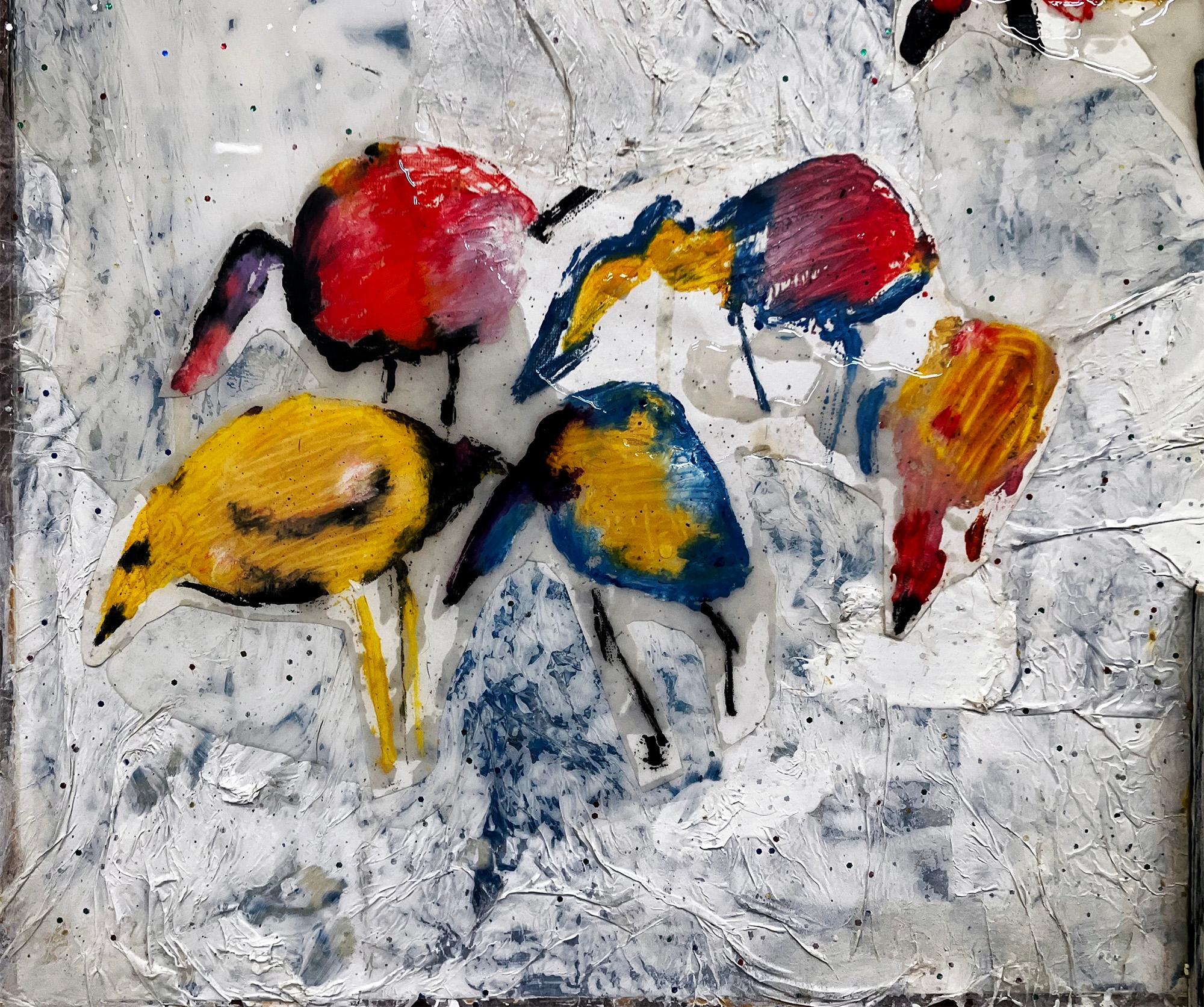 Lyrical Miracle, abstract w birds ducks colorful mixed media painting For Sale 1