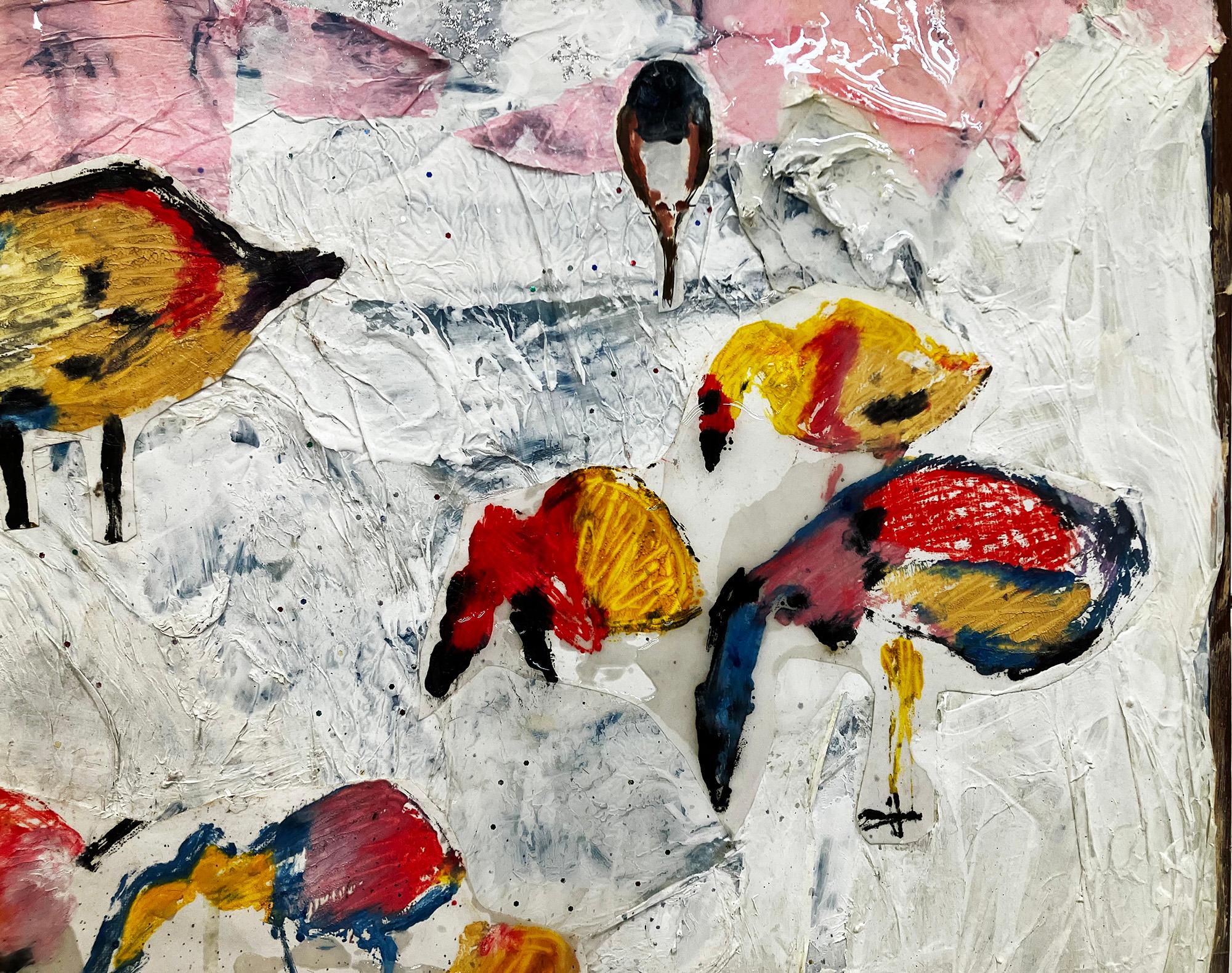 Lyrical Miracle, abstract w birds ducks colorful mixed media painting For Sale 2