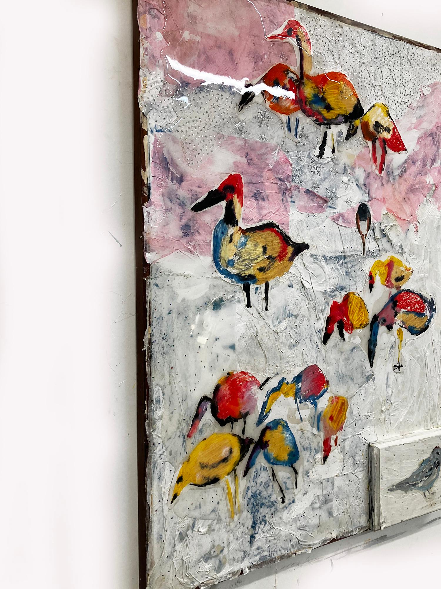 Lyrical Miracle, abstract w birds ducks colorful mixed media painting For Sale 3